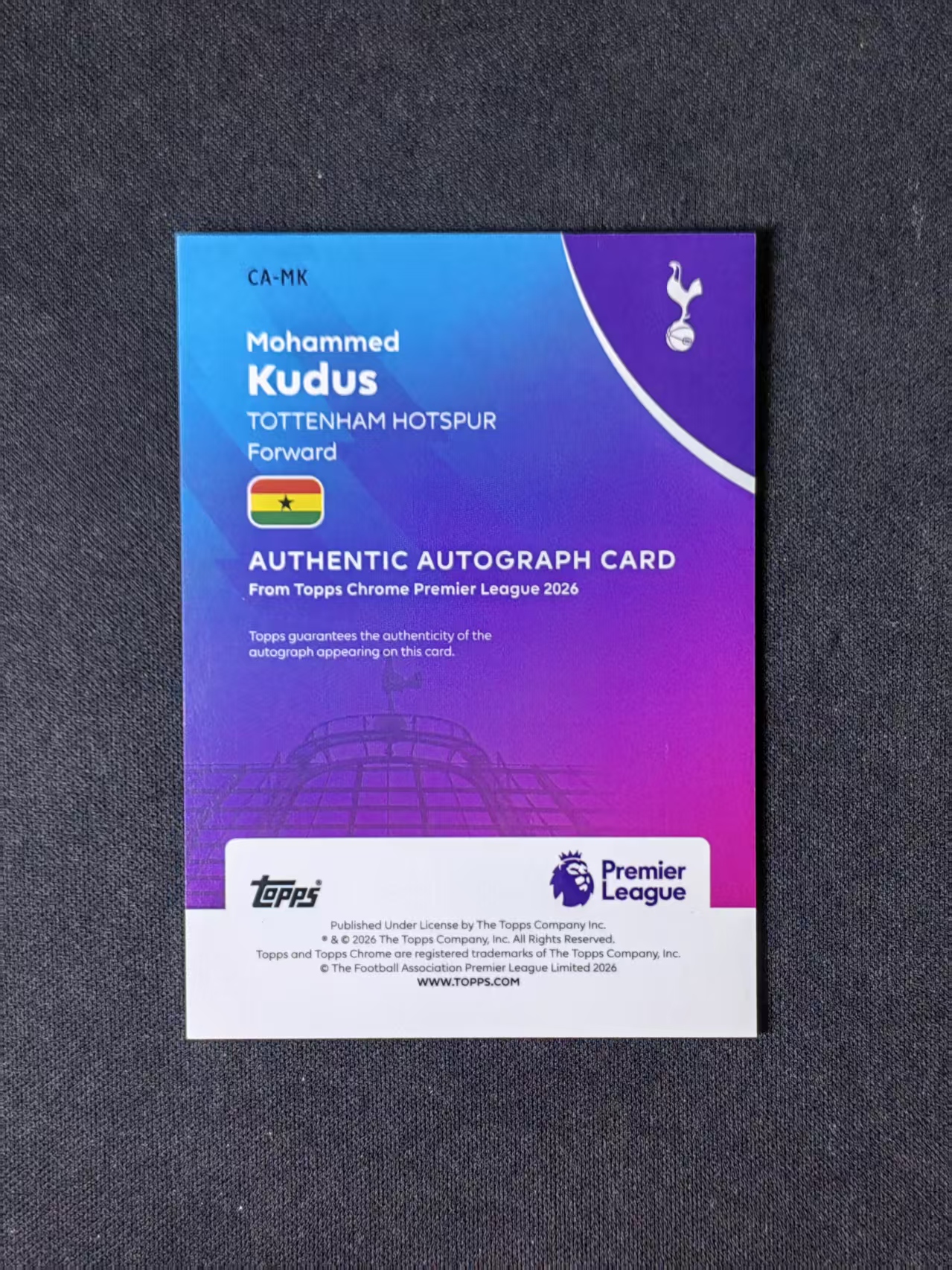 2026 Topps Chrome Mohammed Kudus 【林林拍卖拜仁】英超tc系列 托特纳姆热刺 库杜斯 03/75编 紫折 签字