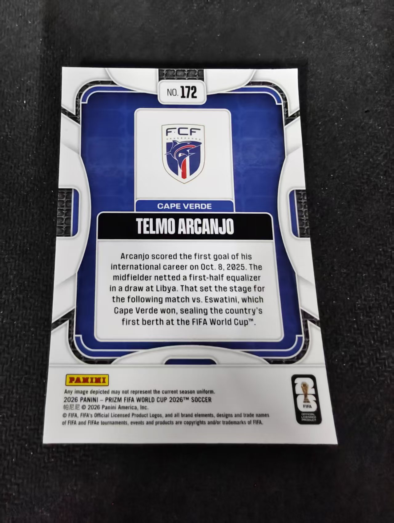 2026 Panini World Cup Prizm Telmo Arcanjo 特尔莫 阿尔坎若 佛得角 新秀 RC PZ世界杯 划痕 边角瑕疵#172