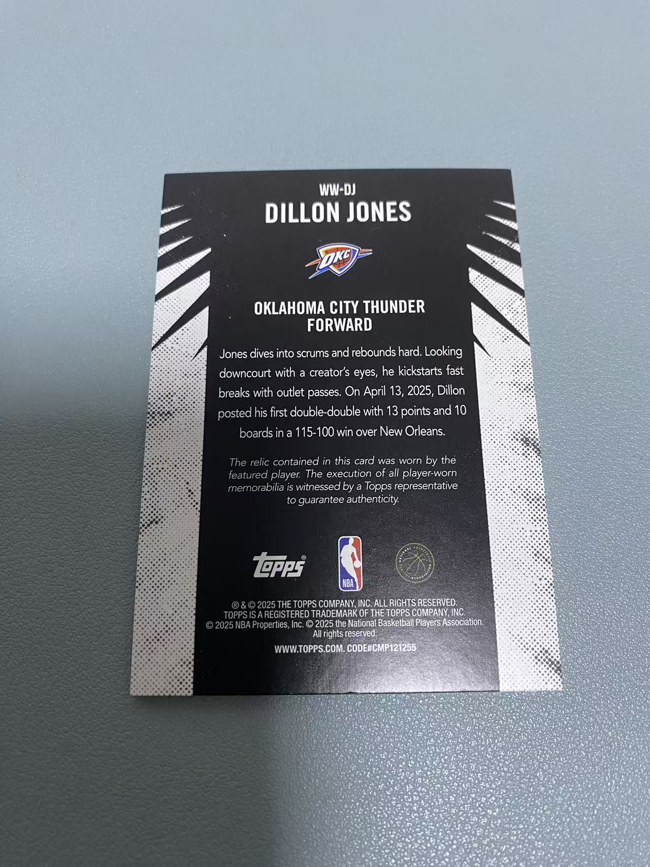 2025 Topps Topps Dillon Jones 【白昼拍卖预付90%】雷霆 狄龙 琼斯 雷霆 小窗 球衣物料 卡品如图 嗣赐
