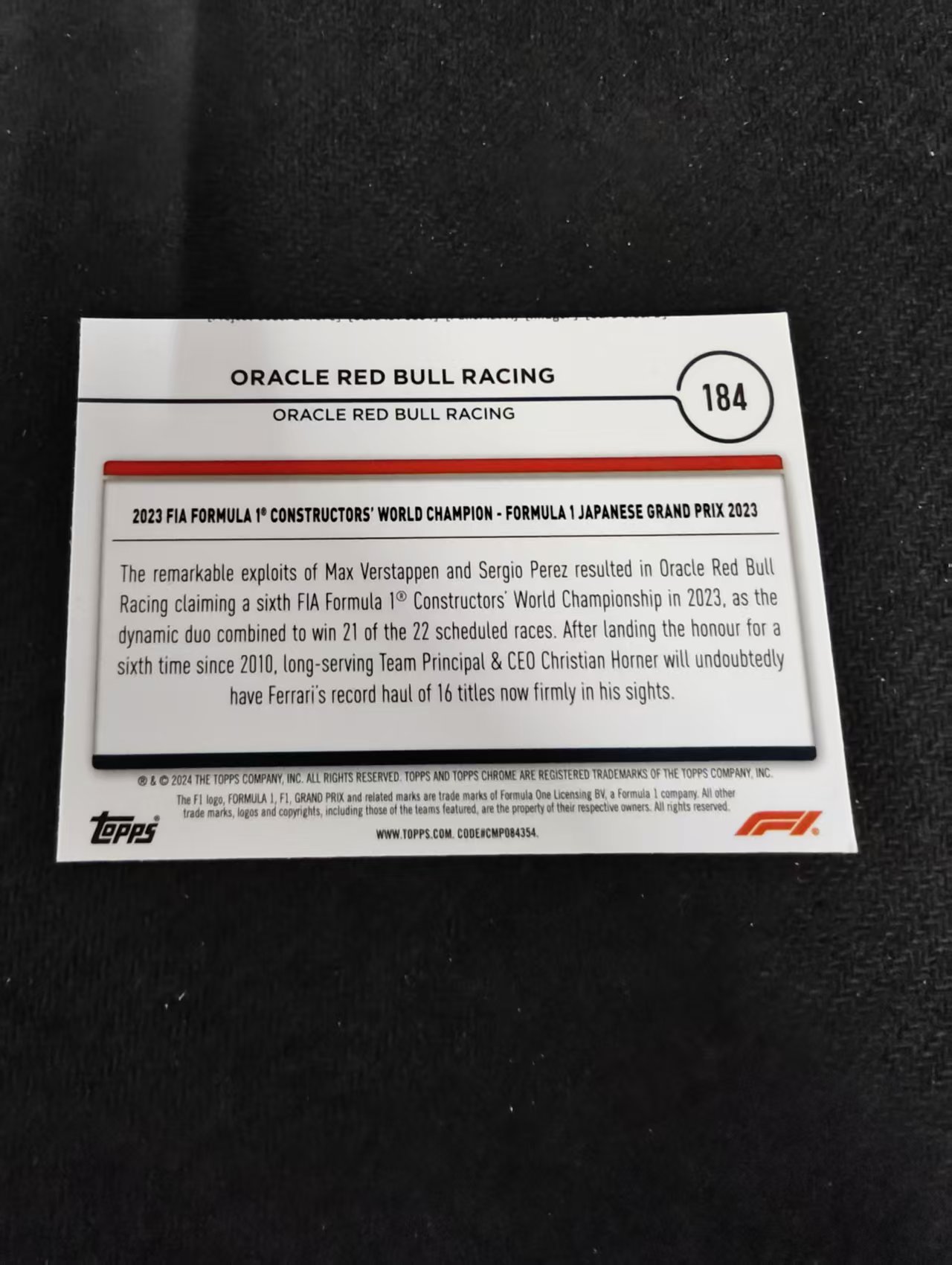 2024 Topps Chrome Red Bull Racing Oracle 红牛车队 Award Winners 车队冠军庆祝 F1 划痕 边角瑕疵 #184
