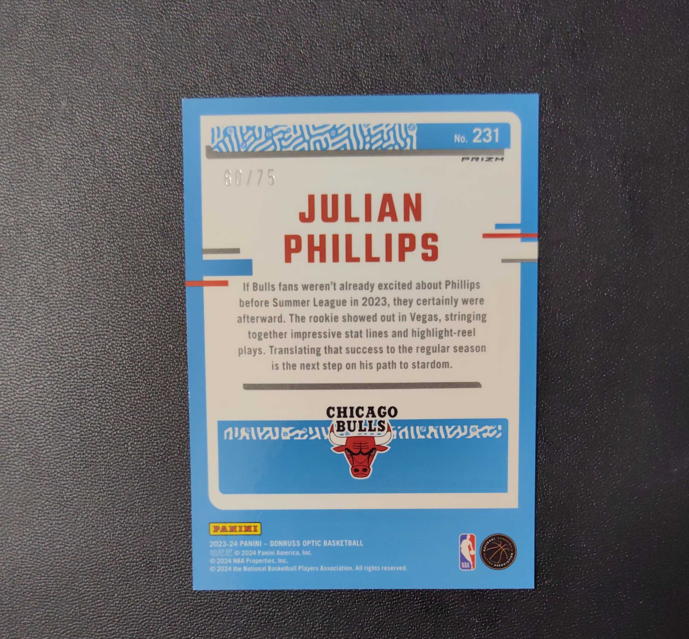 2023-24 panini donruss optic julian phillips 杜蕾斯 公牛 菲利普斯 rc 新秀 75编 红碎闪折 东契奇 sga 库里 文班亚马 詹姆斯