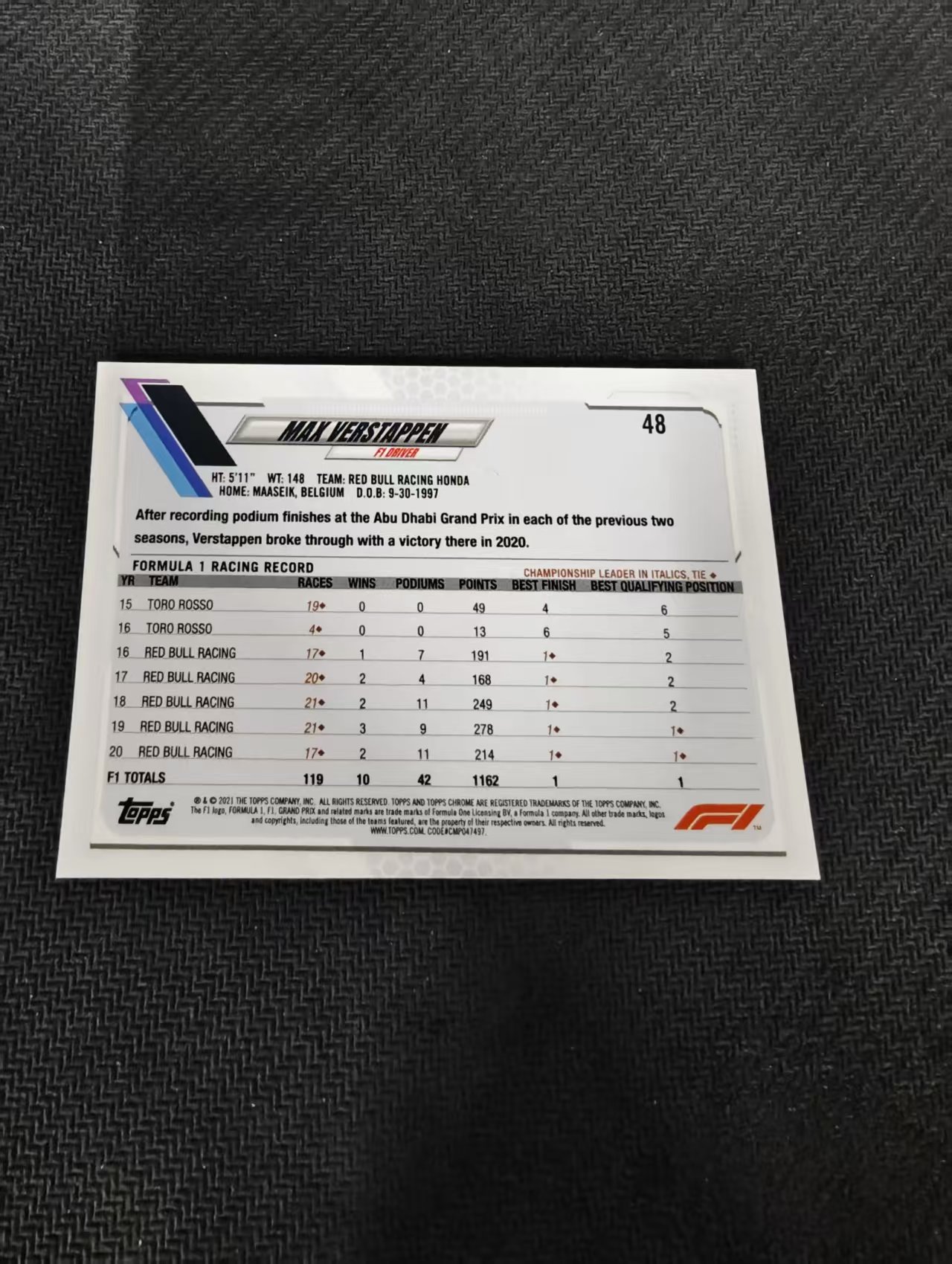 【可合并,不累计】2021 Topps Chrome Max Verstappen F1 维斯塔潘 红牛 划痕 边角瑕疵 #48