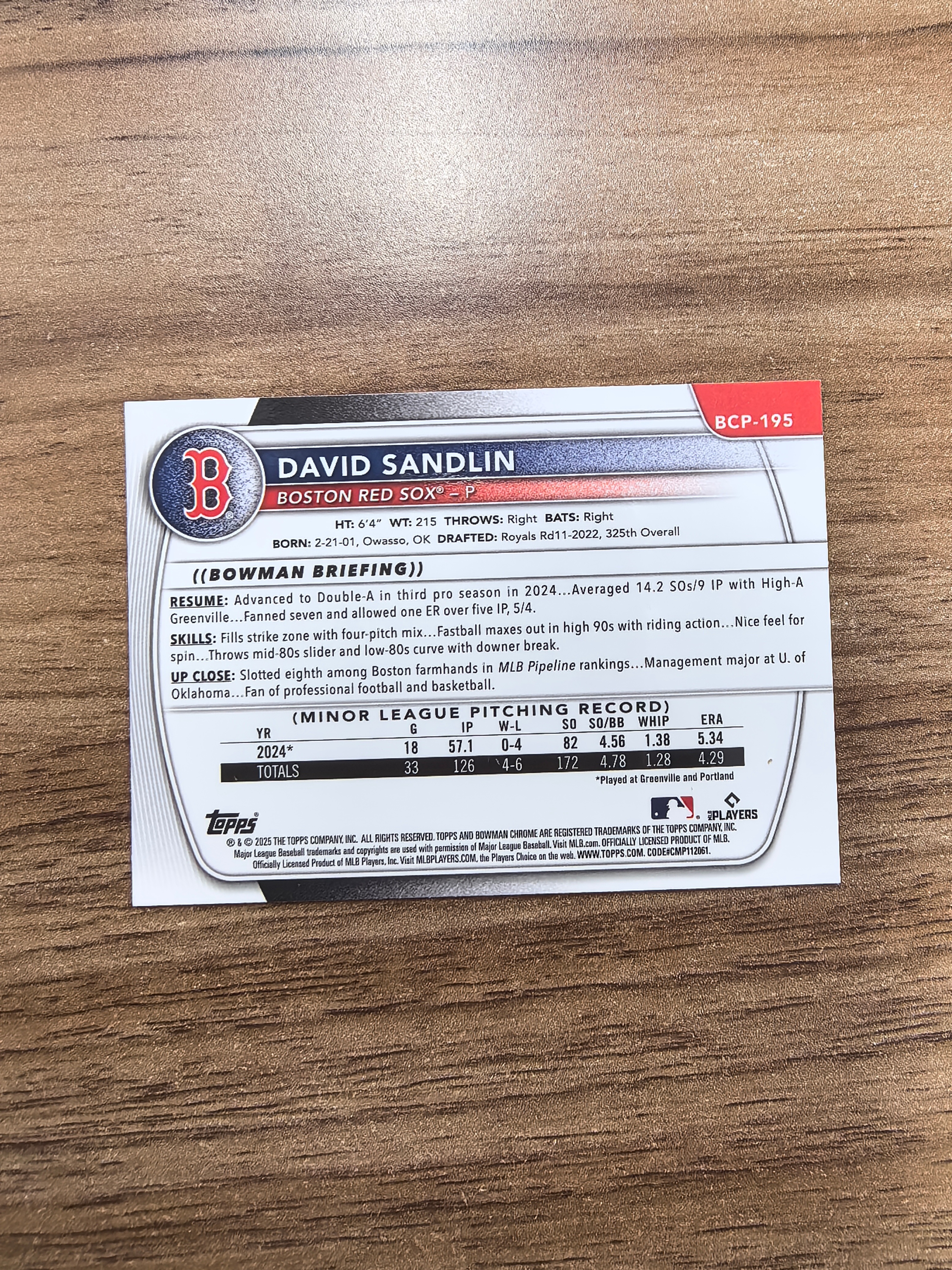 2025 Topps Chrome DAVID SANDLIN 棒球 波士顿红袜队 大卫桑德林 42/75编 金波纹折 折射 微瑕 实卡精美 卡品如图 流浪