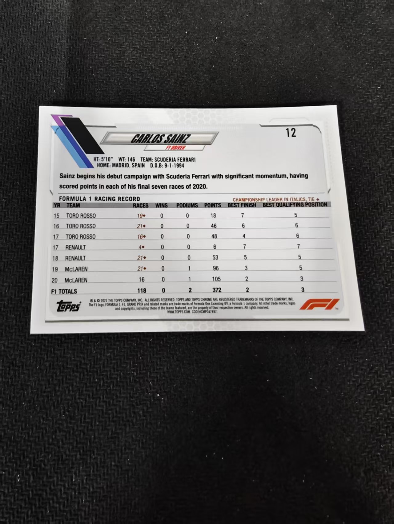 2021 Topps Chrome Carlos Sainz F1 法拉利车队 卡洛斯 赛恩斯 划痕 边角瑕疵 #12