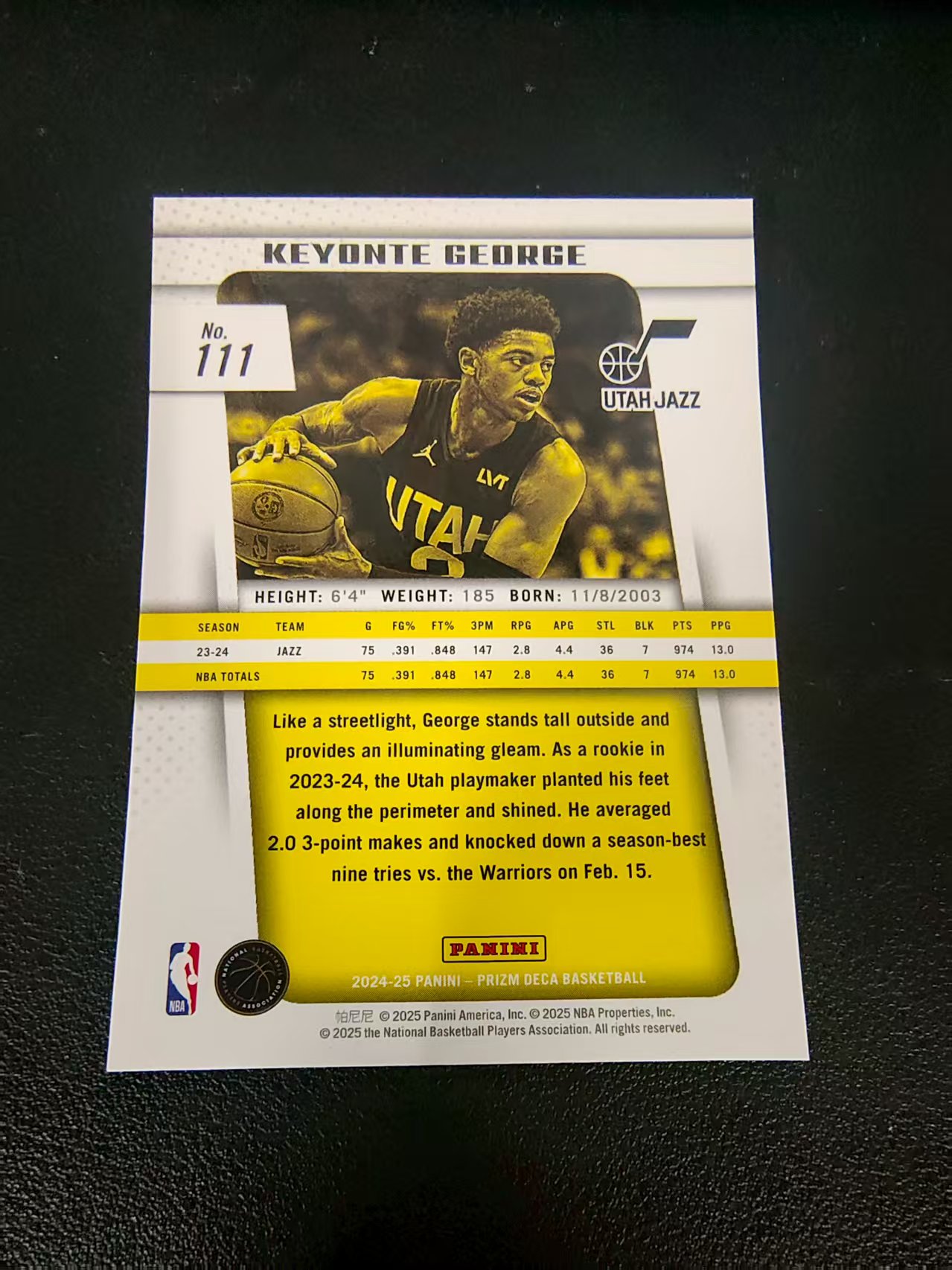 【可合并,不累计】2024-25 Panini Prizm Deca Keyonte George 基昂特 乔治 爵士 PZ 复刻 划痕 边角瑕疵 #111