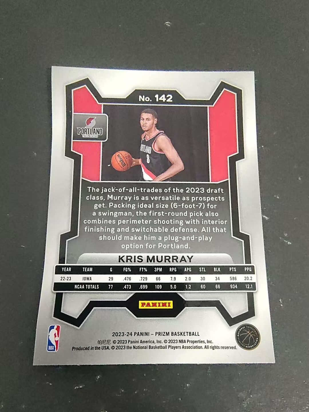 【可合并,不累计】2023-24 Panini Prizm Kris Murray RC 开拓者 克里斯穆雷 新秀 PZ 划痕 边角微瑕 #142