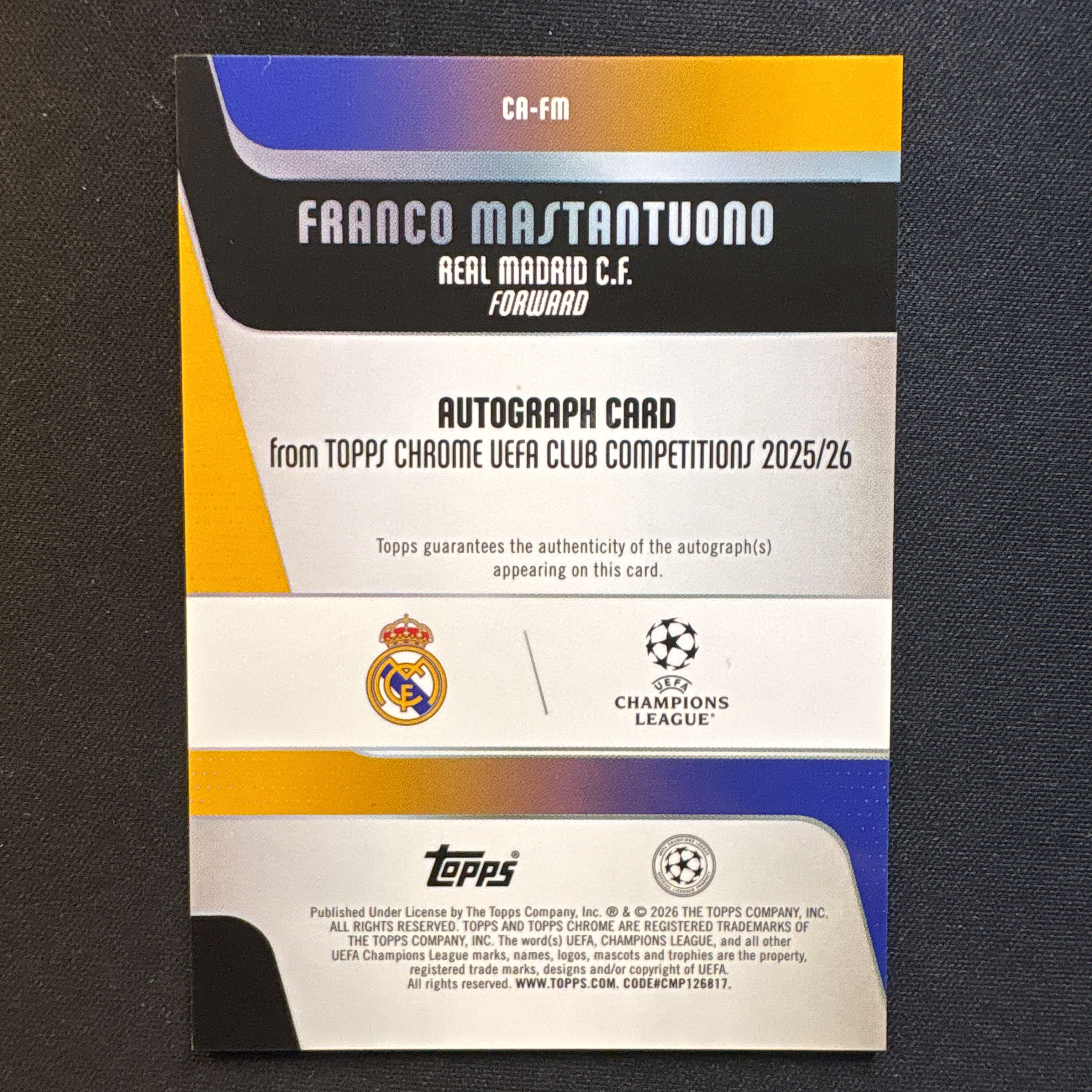 2026 Topps Chrome Franco Mastantuono 【爆爆代卖】弗朗哥 马斯坦托诺 21/99编 绿折 折射 RC新秀 签字 贴签 阿根廷 皇马 欧冠 专收必备 卡品如图 #靓星