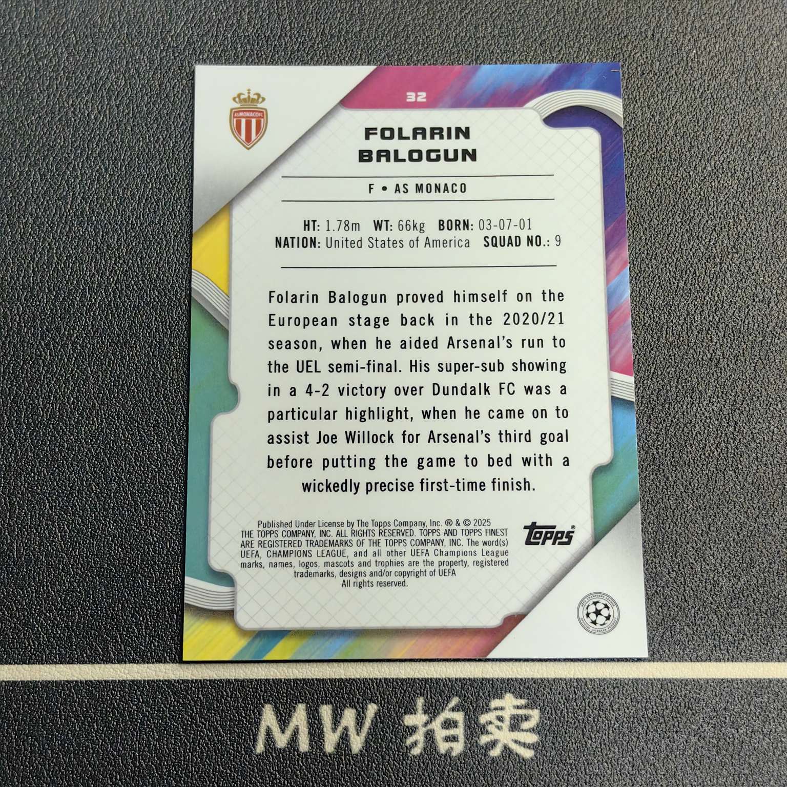 【MW拍卖 接代拍】 巴洛贡 /125编 2024-25 Topps FINEST 紫棱镜折 欧冠 FOLARIN BALOGUN 美国 摩纳哥 -Yzq