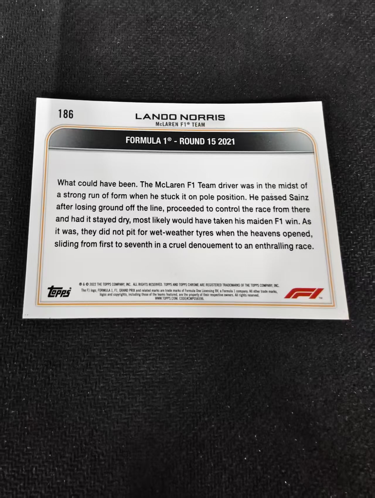 2022 Topps Chrome F1 Lando Norris 兰多 诺里斯 迈凯伦车队 划痕 边角瑕疵 #186