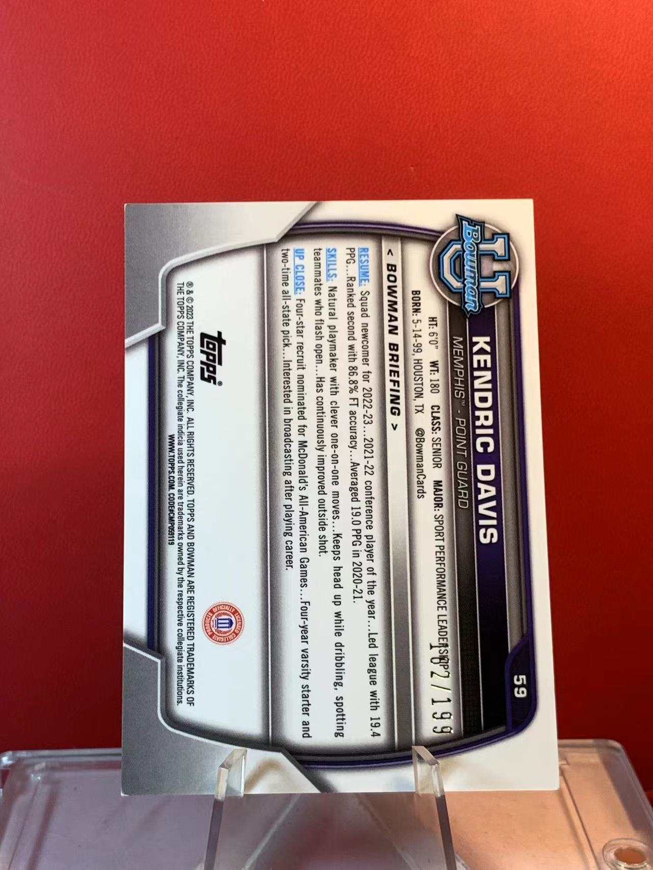 (詹叔代拍) 2023 Topps Bowman University Kendric Davis 孟菲斯 肯德里克 戴维斯 蓝折 199编 顺丰寄付 泰山