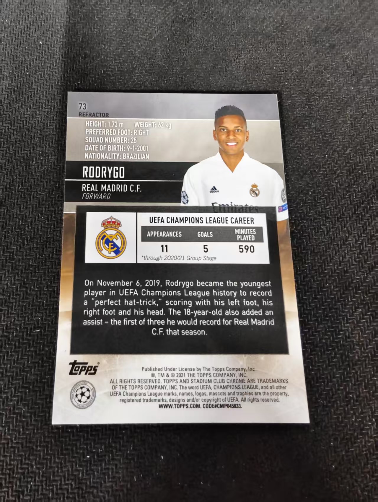 【可合并,不累计】2021 Topps Stadium Club Chrome Rodrygo 皇马 罗德里戈 竞技场 欧冠 银折 划痕 边角瑕疵 @73