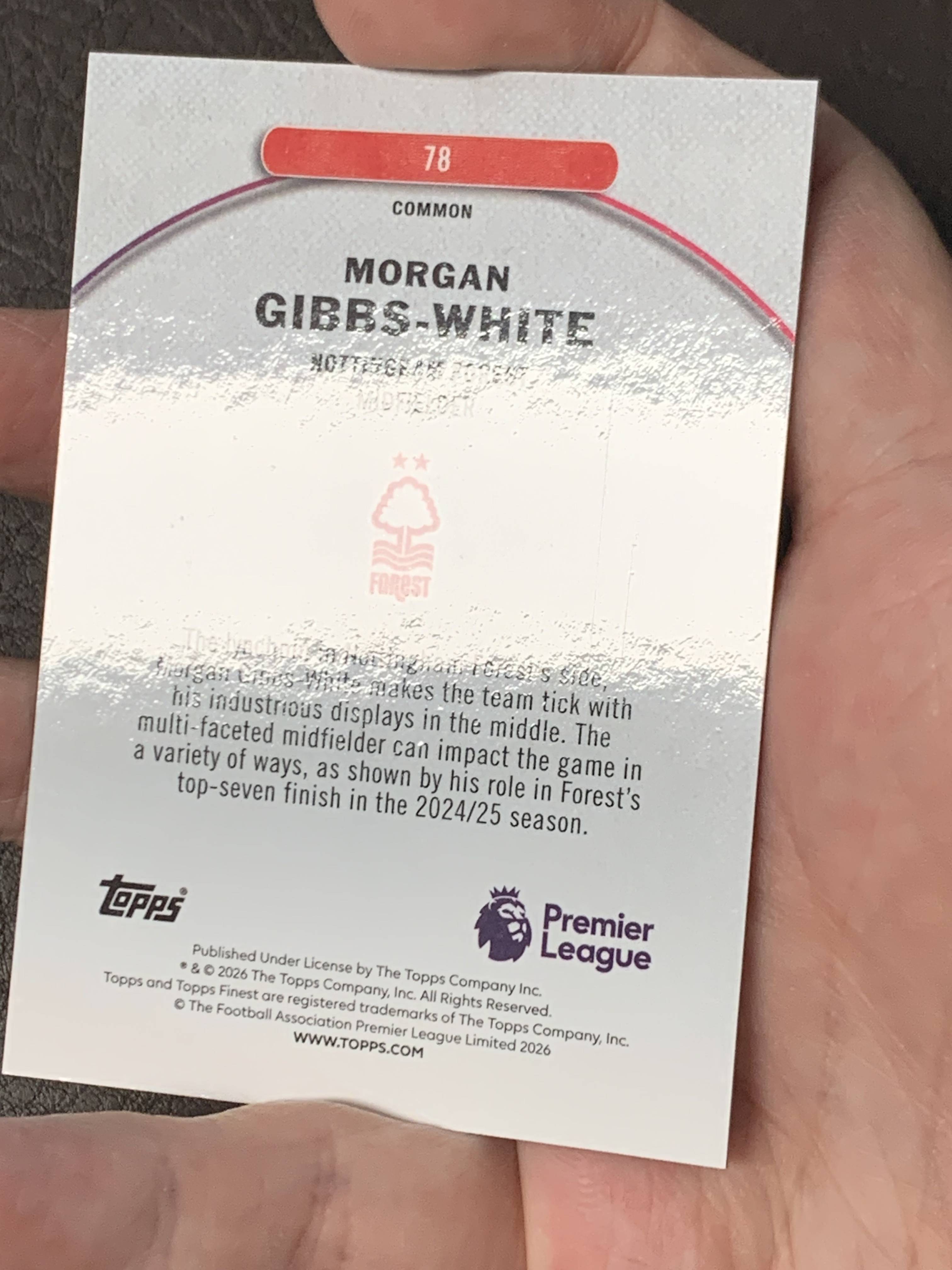 2026 Topps Finest Morgan Gibbs-White 英超 元年 吉布斯怀特 诺丁汉森林 英超 30/99编 尾编 蓝折