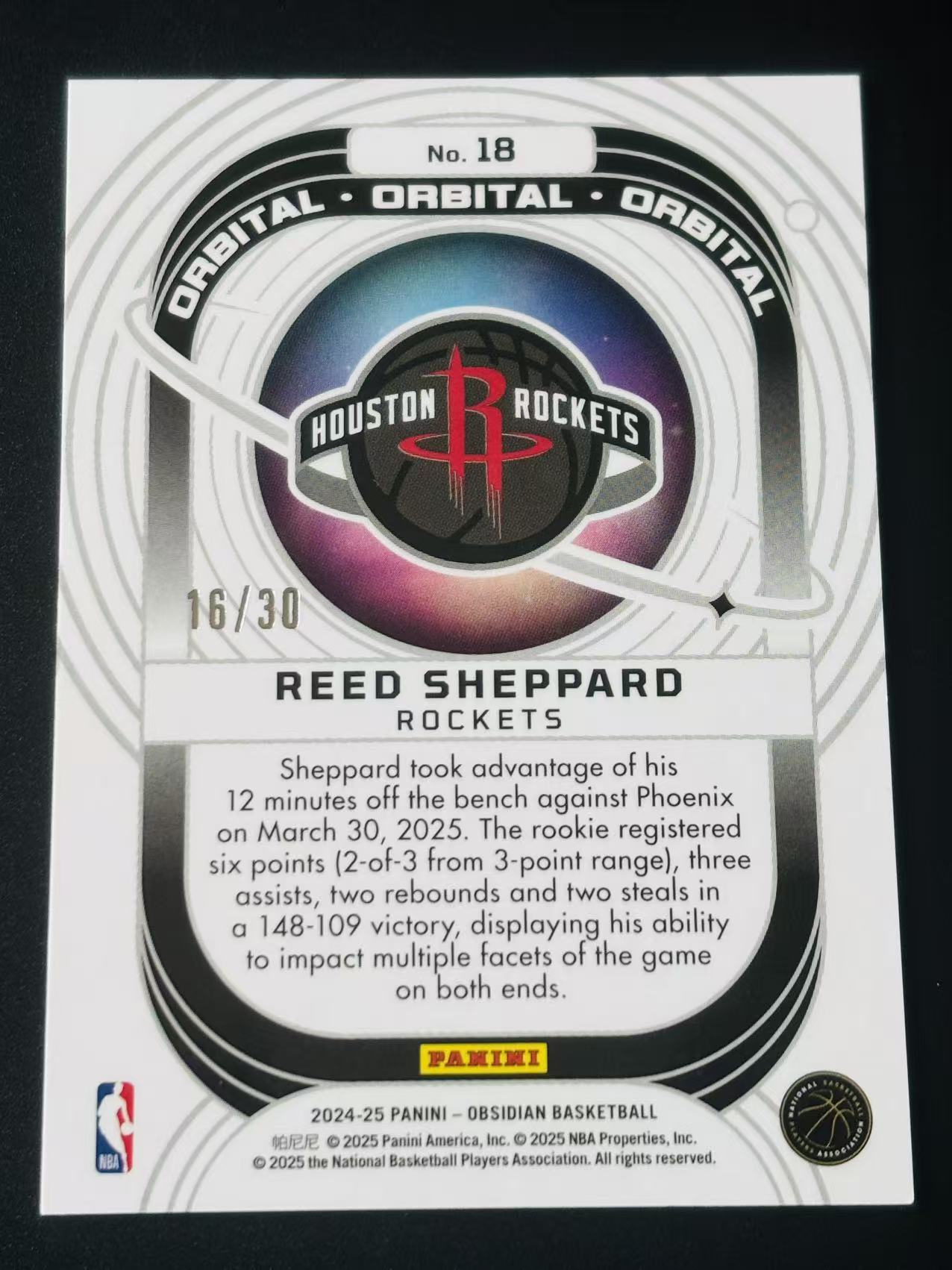 2024-25 Panini Obsidian Reed Sheppard RC 黑曜石 火箭 新秀 里德 谢泼德 RC 16/30编 碎冰折 凑套必备 不累计