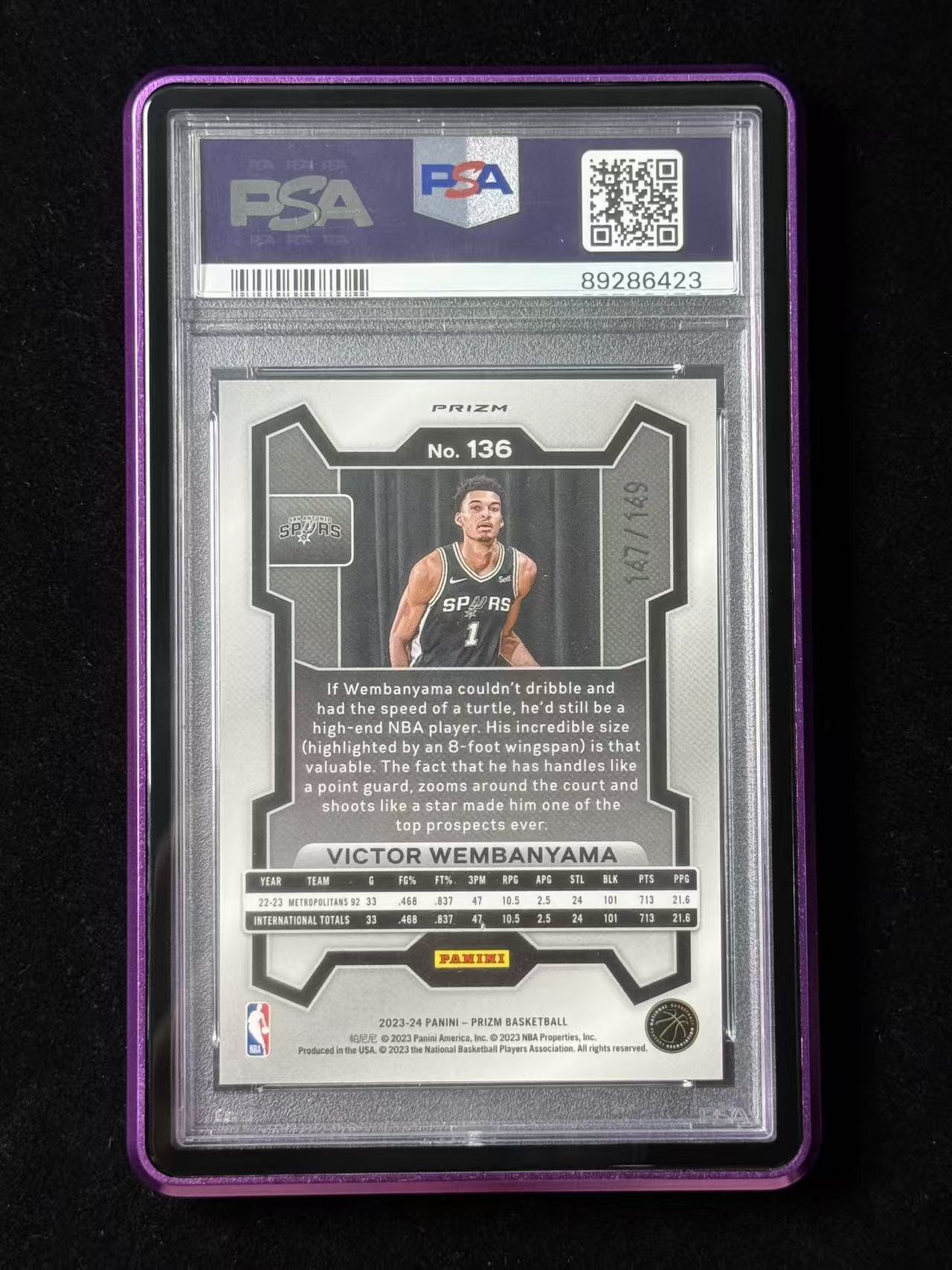 2023-24 Panini Prizm Victor Wembanyama 维克托文班亚马 新秀RC 马刺选图 PZ系列 149编 紫碎冰折 折射 特卡 PSA10分 #黑武士# 1933