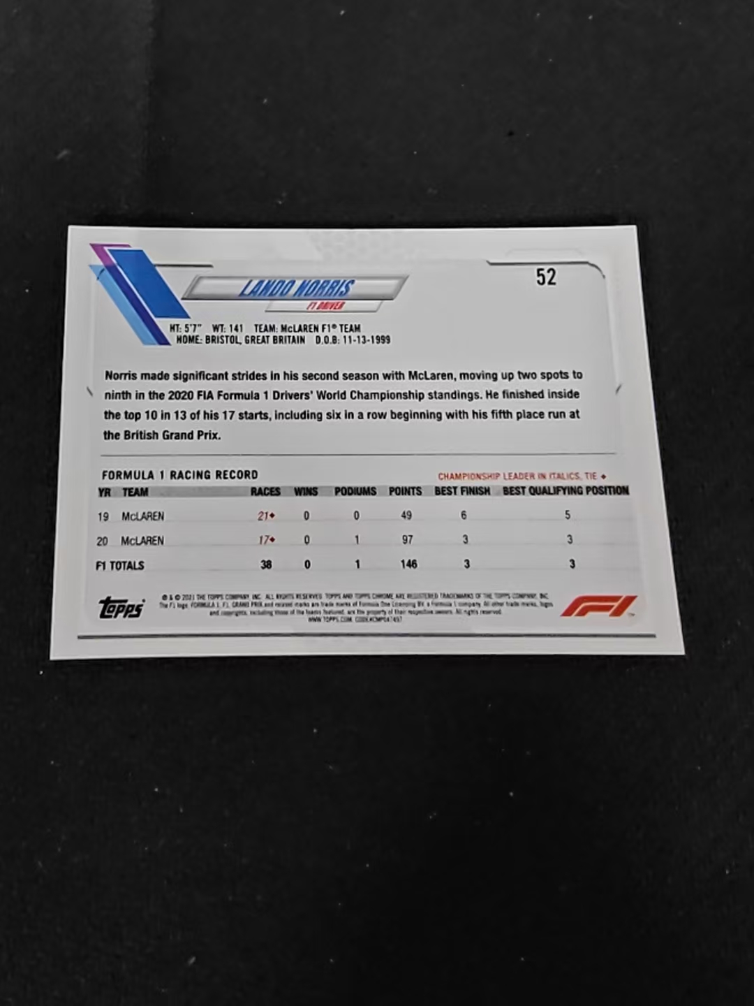 2021 TOPPS CHROME LANDO NORRIS F1 赛车 迈凯伦车队 兰多诺里斯 划痕 边角瑕疵 #52