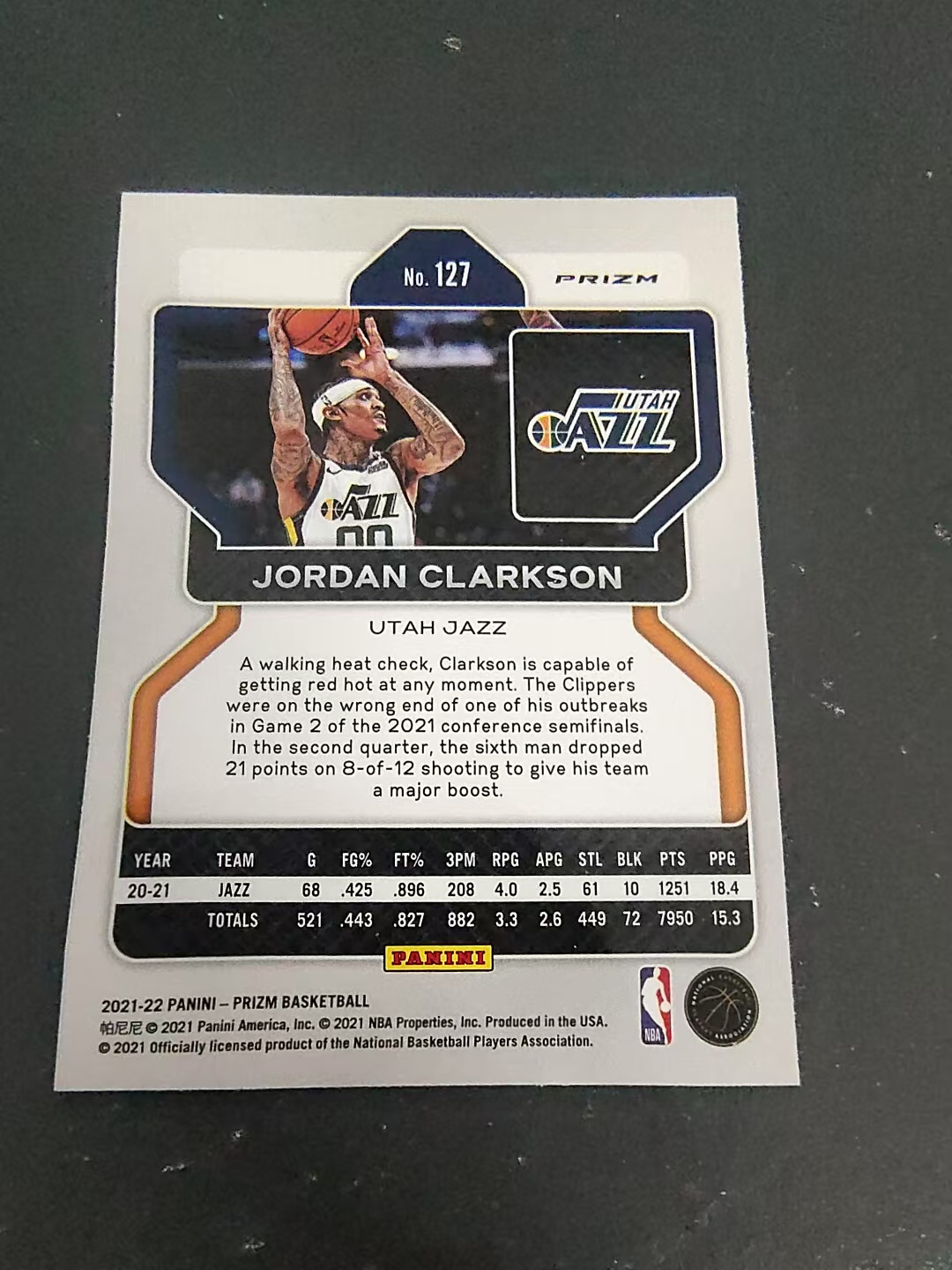 【可合并,不累计】2021-22 Panini Prizm Jordan Clarkson 乔丹 克拉克森 爵士 脉冲折 PZ 划痕 边角瑕疵 #127