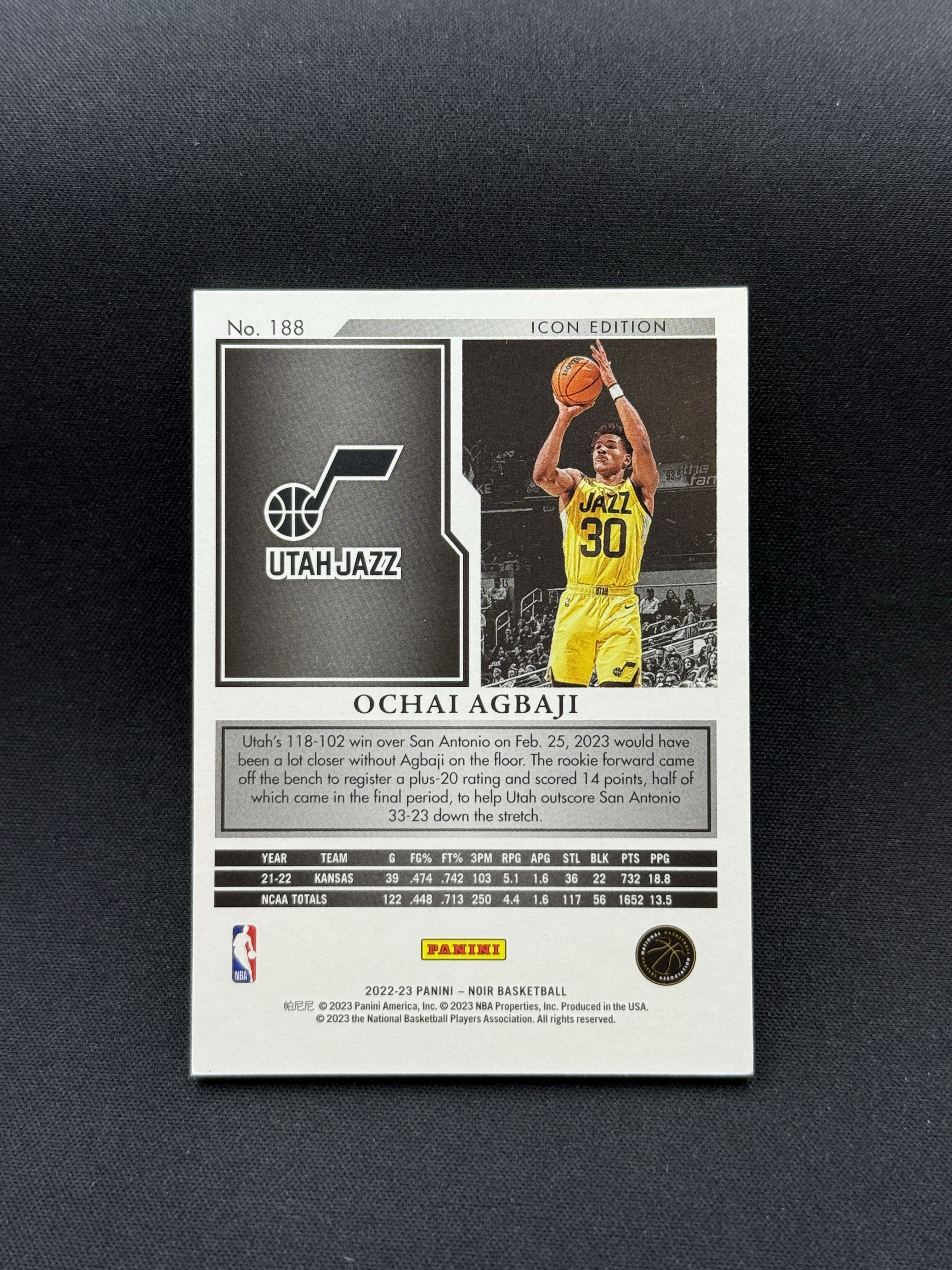 2022-23 Panini Noir Ochai Agbaji RC 【小贝代拍】NBA 诺尔 爵士 新秀 阿巴基 05/10编 金平行 瑕疵如图 拍前看描述 Takara