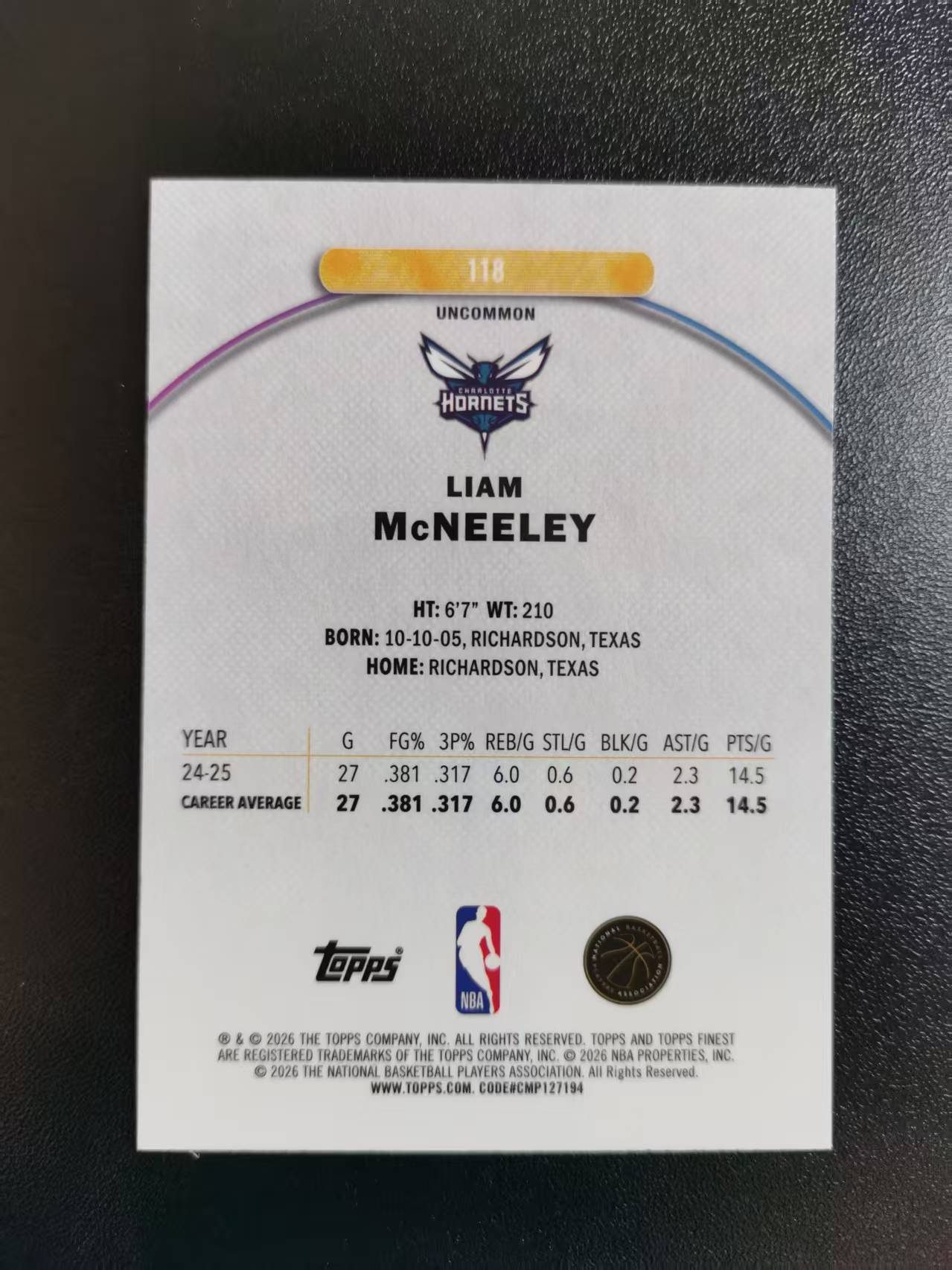 2026 Topps Finest Liam McNeeley RC 利亚姆麦克尼利 黄蜂 二级 新秀年rookie 收藏凑套 卡品如图 免费代拍CC02