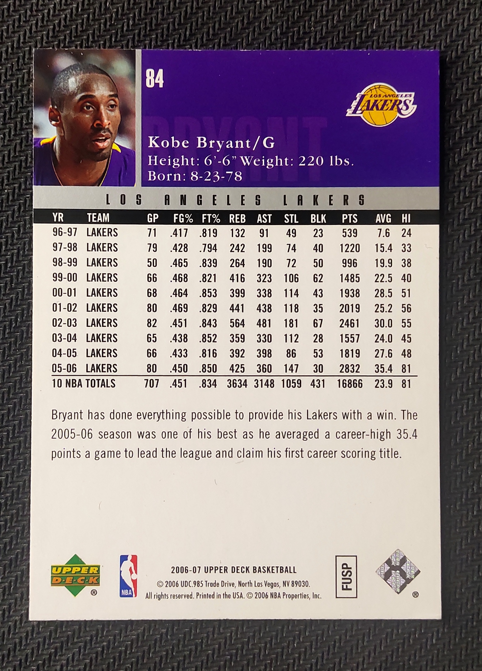 2006-07 Upper Deck Upper Deck Kobe Bryant 科比 布莱恩特 湖人 小飞侠 黑曼巴 UD Reserve 上篮 特卡 瑕疵如图