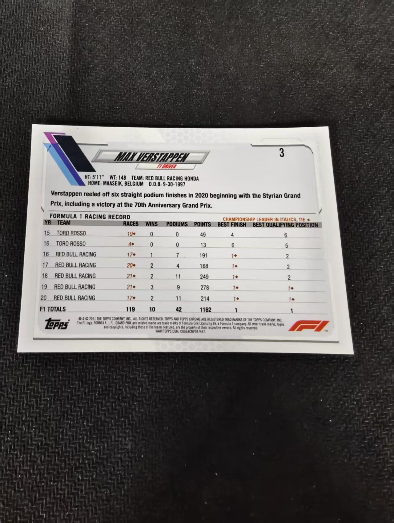 2021 Topps Chrome Max Verstappen F1 维斯塔潘 红牛 划痕 边角瑕疵 #3