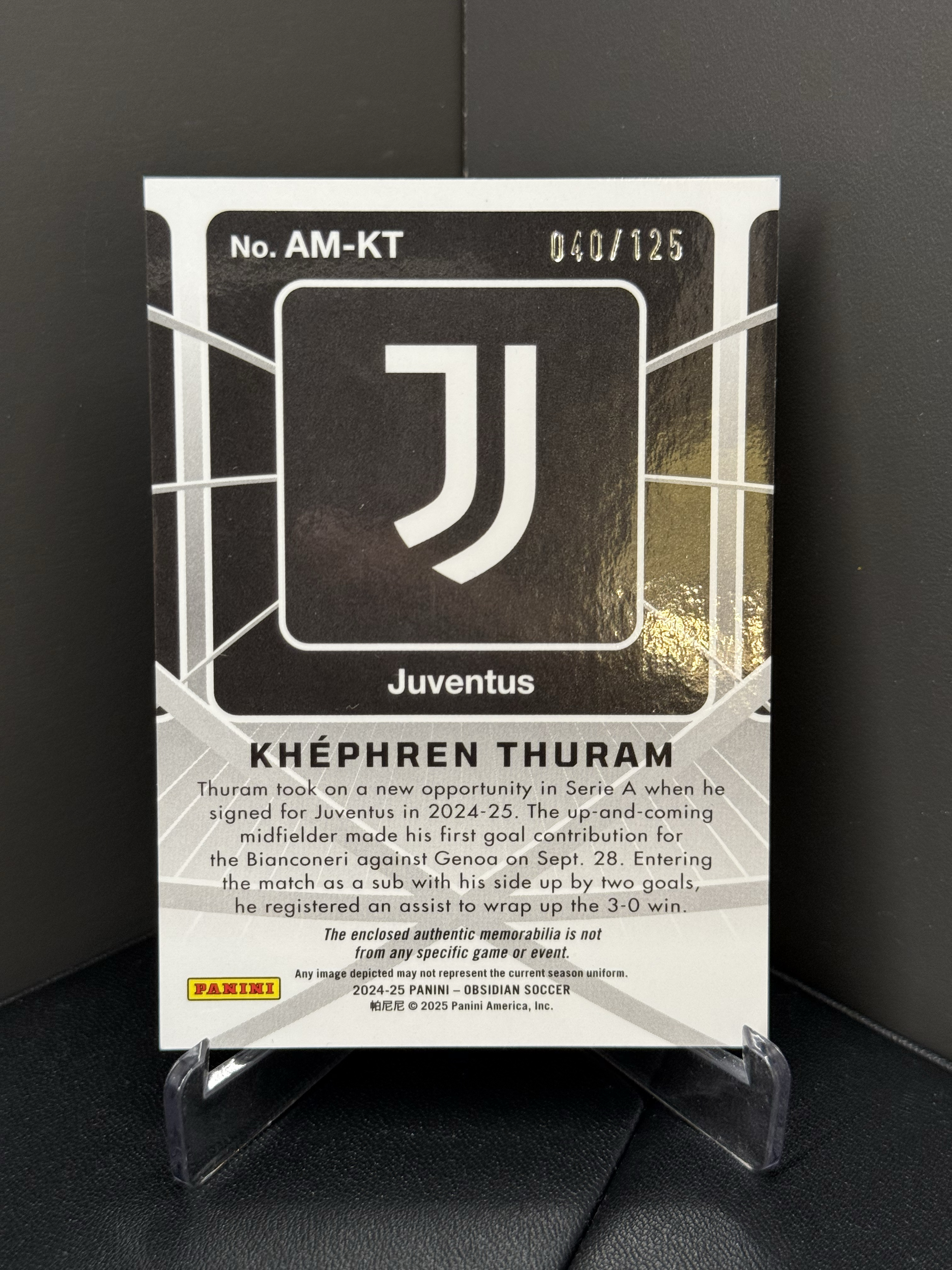 2024-25 Panini Obsidian Khephren Thuram 黑曜石 尤文图斯 凯夫伦 图拉姆 球衣物料 落场亲穿 125编 收藏必备 签字 卡品如图 隔天不合并