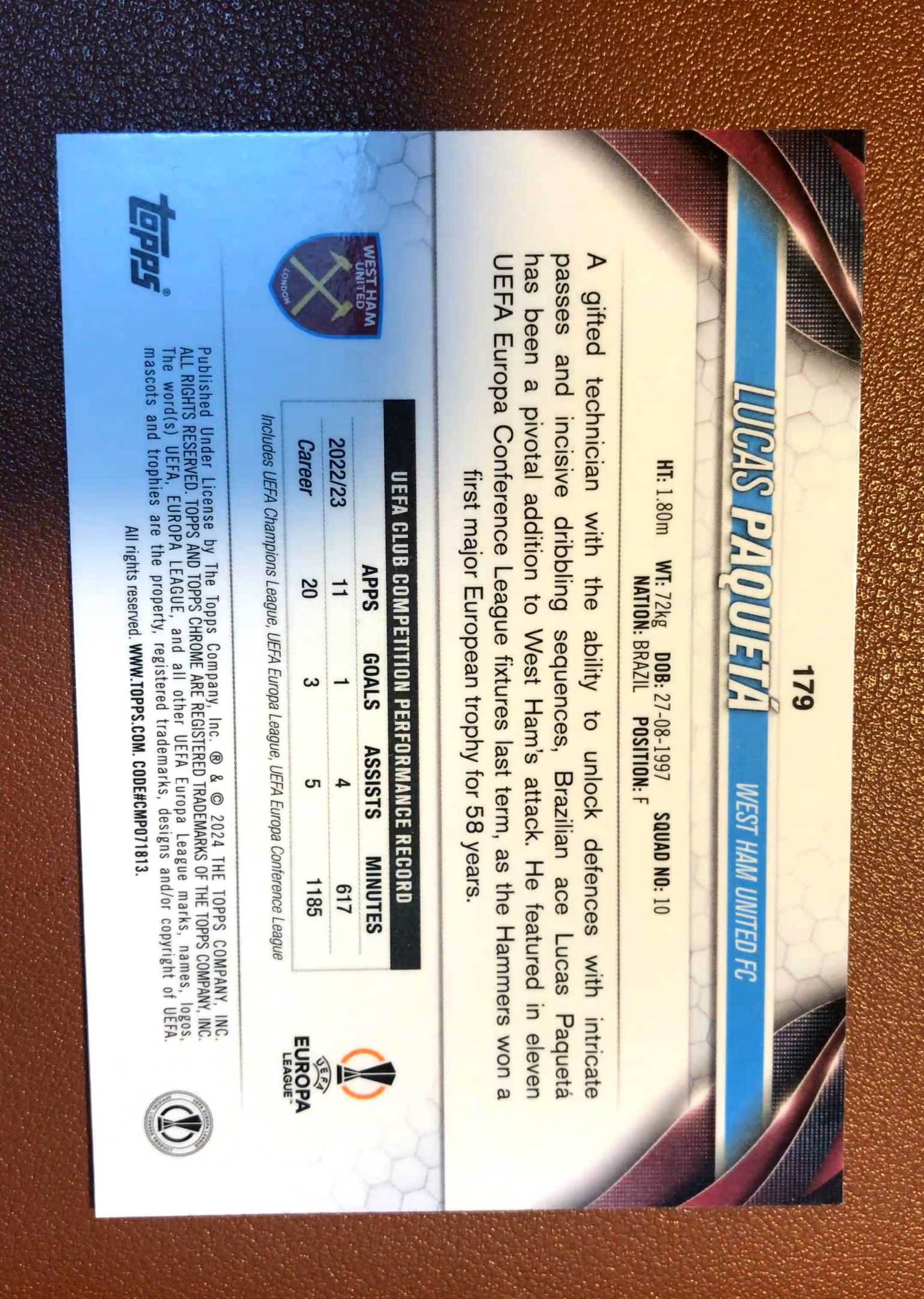 2023-24 Topps Chrome Lucas Paqueta 卢卡斯 帕奎塔 卡品如图 一天一快递不累计2054