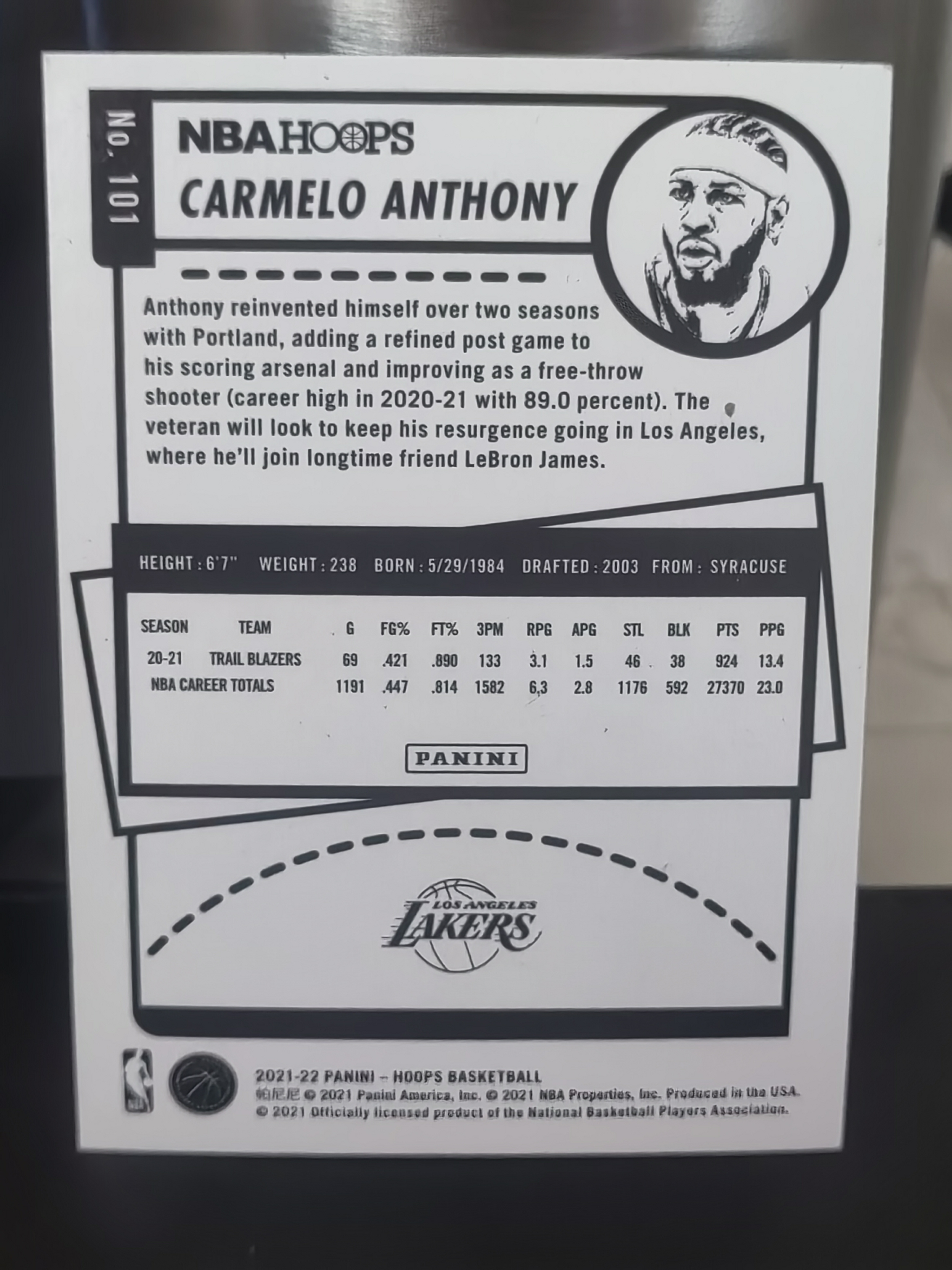 2021-22 Panini Hoops Carmelo Anthony Hoops 蓝平行 卡梅隆 安东尼 甜瓜 湖人 篮 白边白角 不保卡品 卡品如图