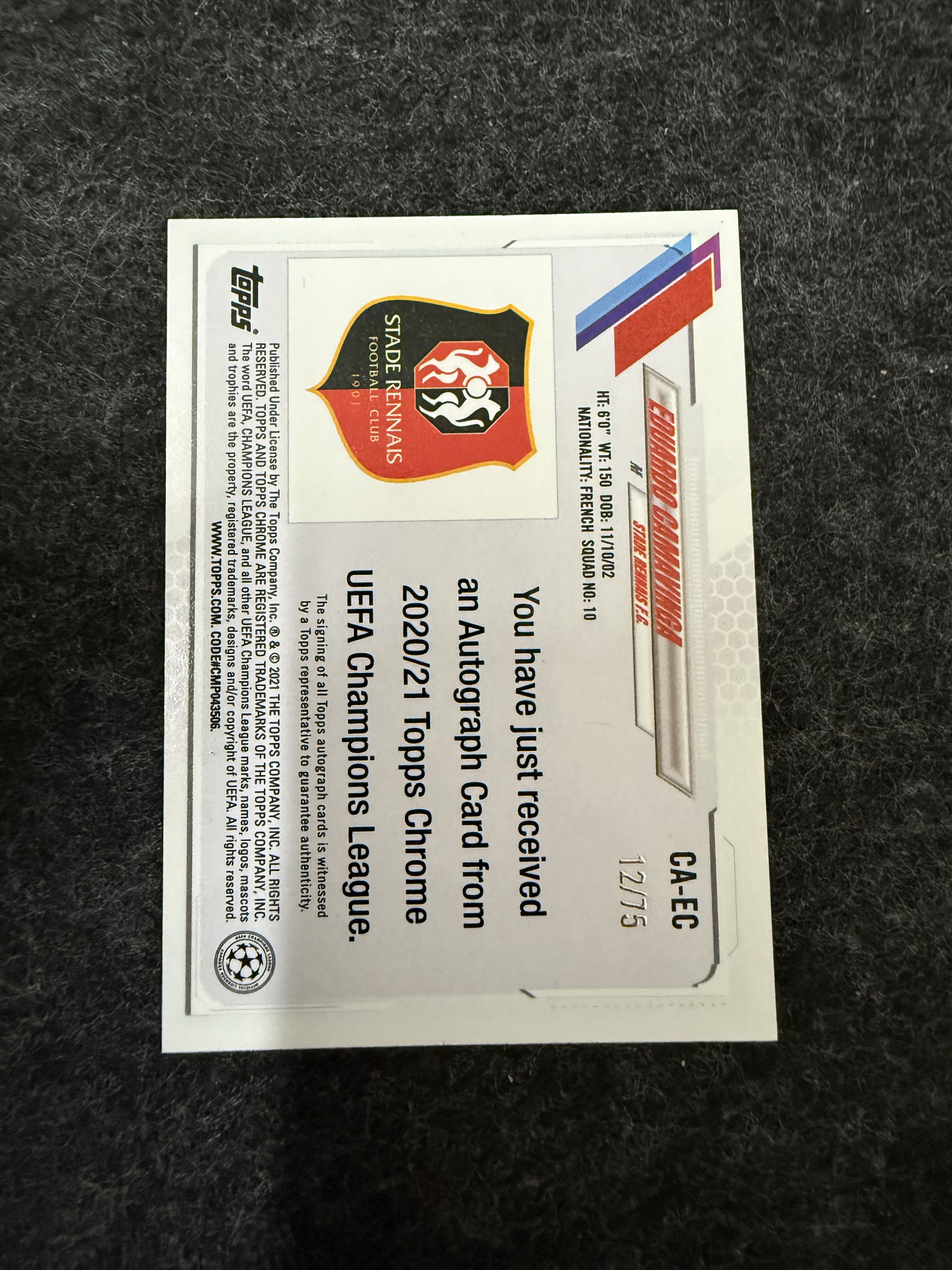 2020-21 Topps Chrome Eduardo Camavinga RC 欧冠TC 雷恩 卡马文加 新秀 签字 签名 皇家马德里 蓝波纹折 /75编 贝林厄姆姆巴佩队友 卡品如图 收藏必备