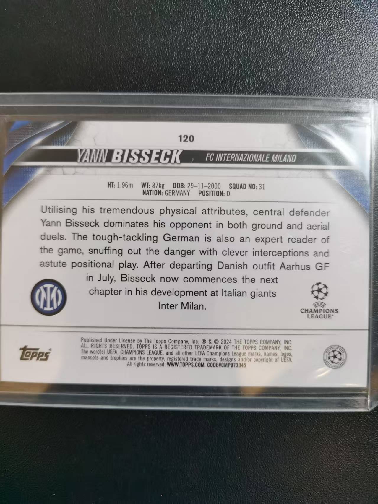 2024 Topps Topps Yann Bisseck 亚恩比塞克 国际米兰 欧冠 新秀RC 霓虹绿纹折 收藏凑套 卡品如图 免费代拍WLB