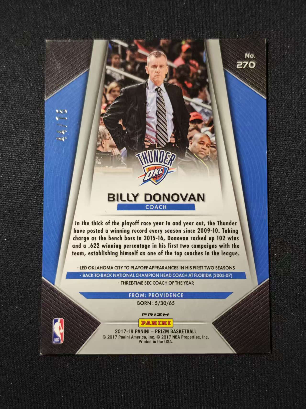 2017-18 Panini Prizm Billy Donovan Thunder 雷霆 教练 比利 多诺万 紫泡泡折 紫Disco折射 /75编 pz 卡品如图 凑套必备