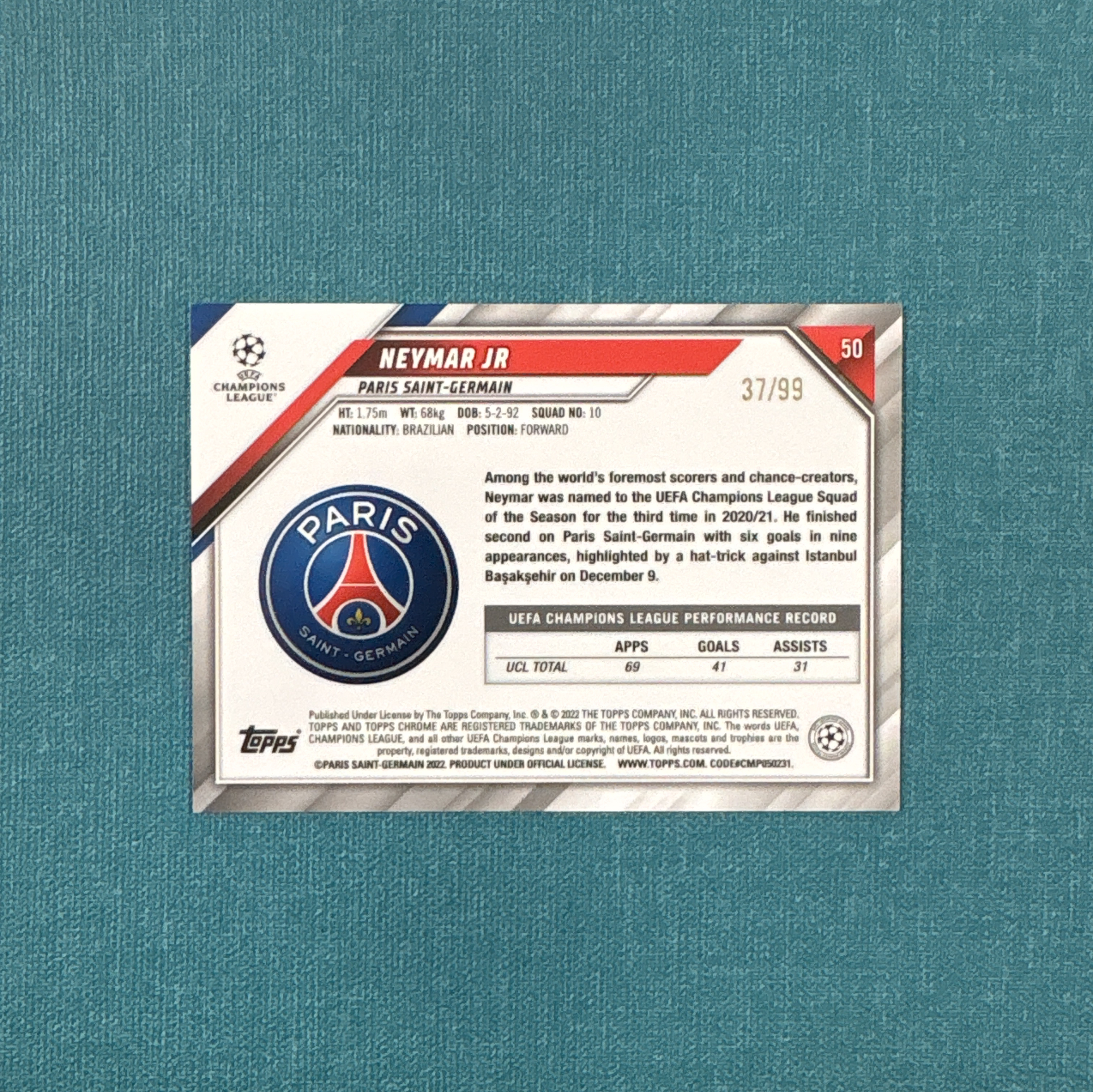 2021-22 Topps Chrome 欧冠 Neymar 内马尔 37/99编 绿折 巴黎圣日耳曼 巴塞罗那 巴萨 卡品如图 LSH