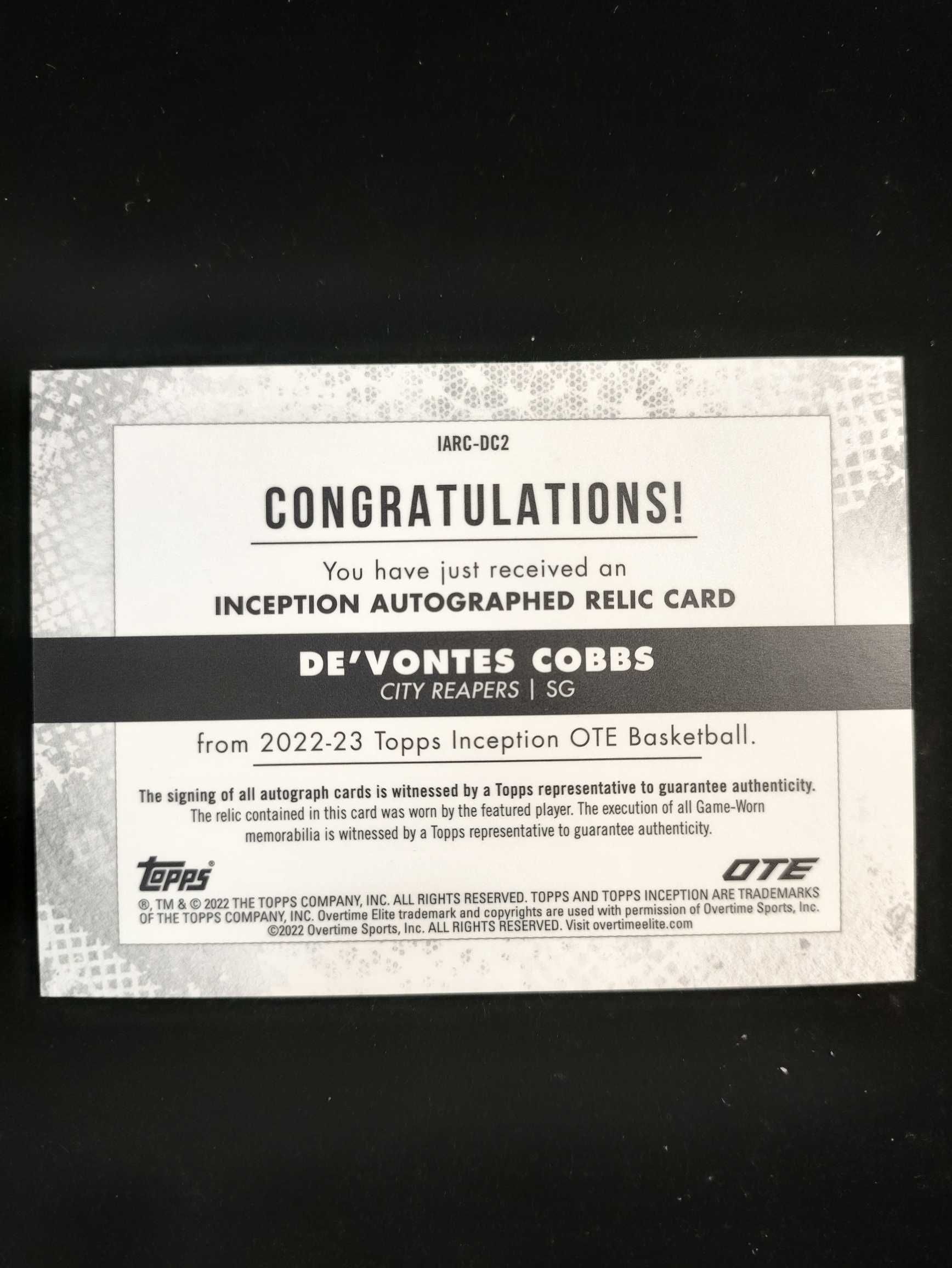 2022 Topps topps devontes cobbs 【免费代拍】德冯特斯 科布斯 签字 贴签 149编 物料 球衣 盗梦空间 微瑕