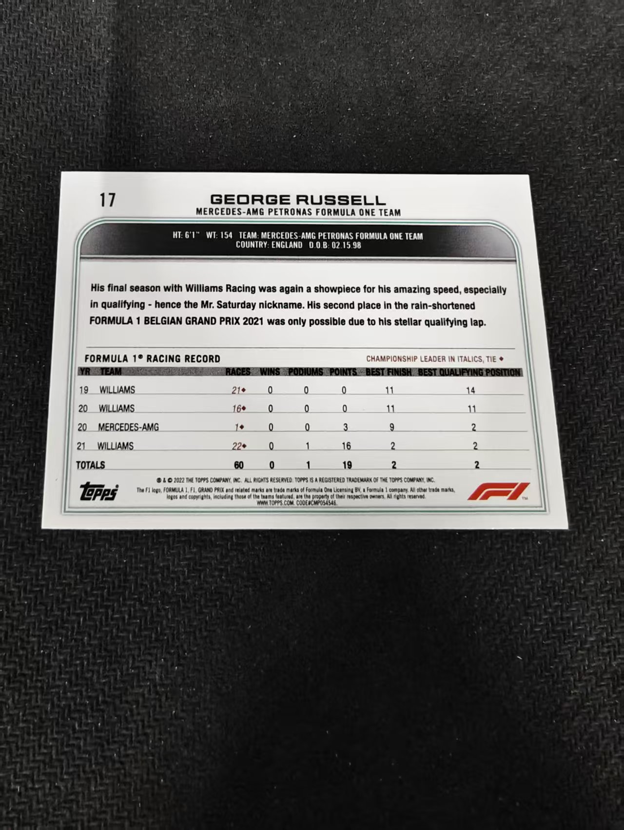2022 Topps Chrome F1 George Russell 乔治 拉塞尔 梅奔 划痕 边角瑕疵@17
