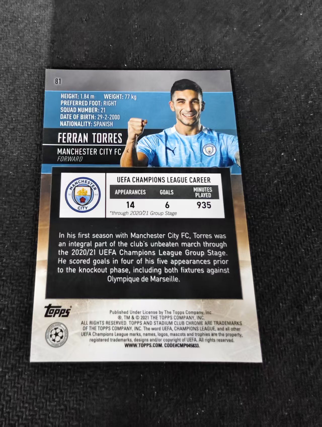 【可合并,不累计】2021 Topps Stadium Club Chrome Ferran Torres 曼城 托雷斯 欧冠 竞技场 不保卡品 介意勿拍 #81