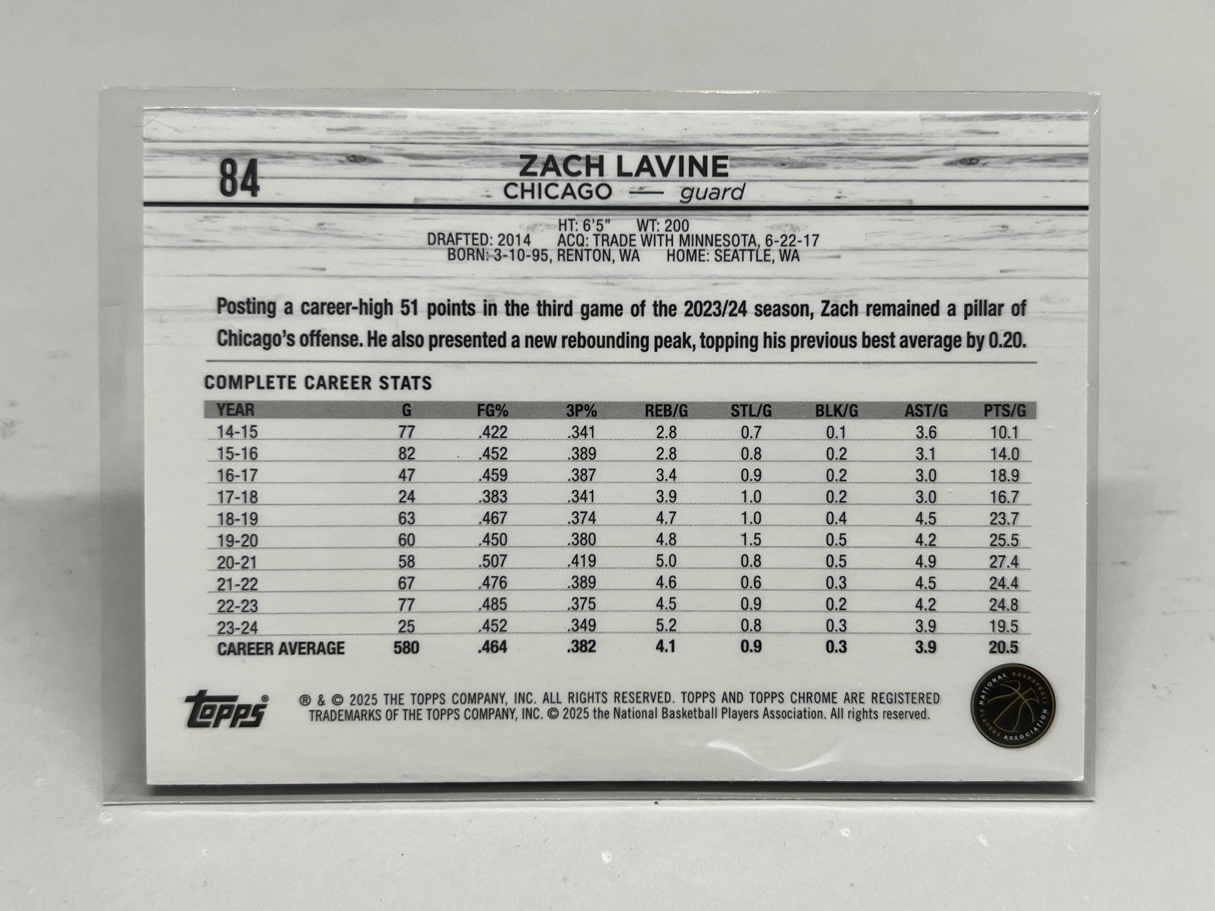 2024-25 Topps Chrome Zach LaVine【挂机拍卖】扎克·拉文 青年好莱坞 飞行8 公牛 043/299 紫平行 点点折 收藏 投资 卡品如图