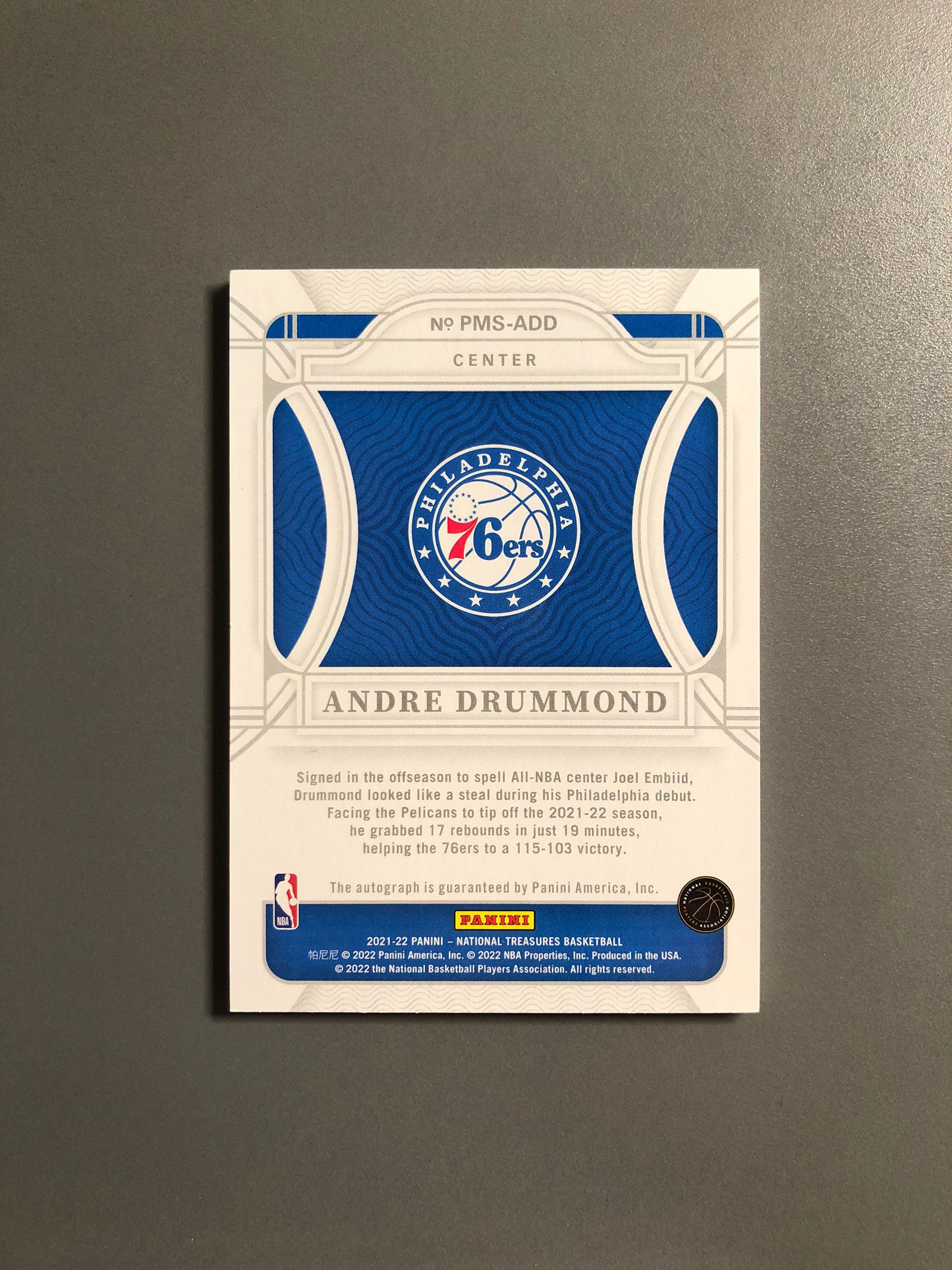 2021-22 Panini National Treasures Andre Drummond 安德烈·德拉蒙德 76人 签字 卡签 Penmanship 铜版 25编 实卡好看 卡品如图KH023