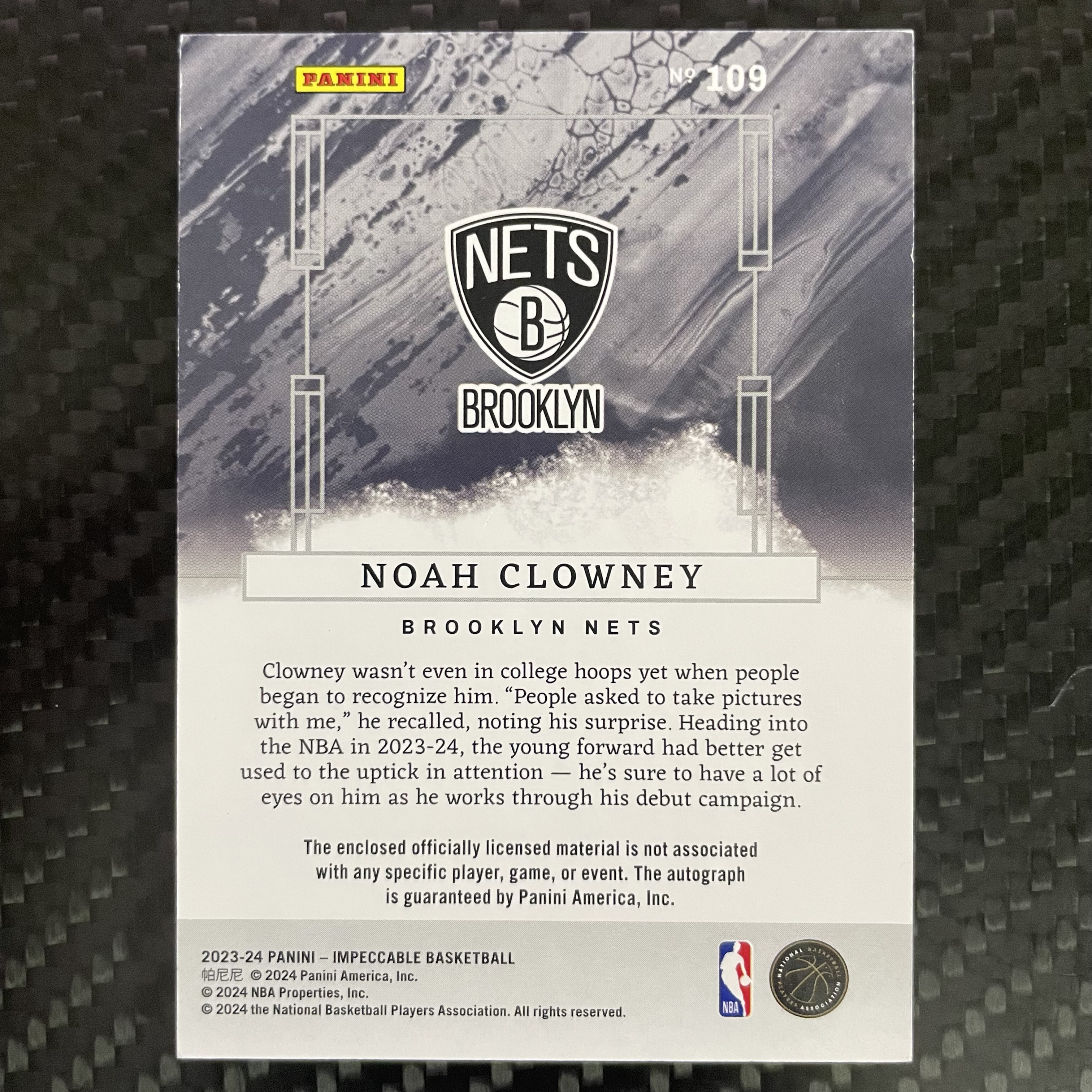 2023-24 Panini Impeccable Noah Clowney RC 【杰克森拍卖】诺阿 克洛尼 篮网 新秀 99编 卡签 小窗双色物料 RPA 韦哥