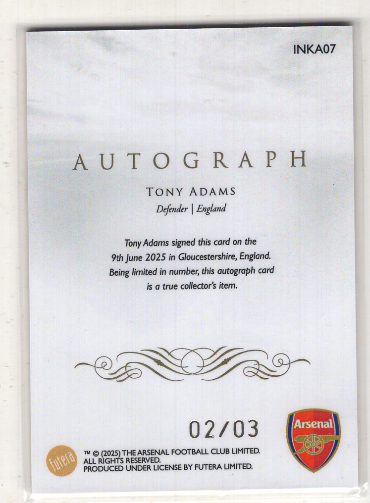 2025 Futera Futera Unique Tony adams 【来拆波卡】福特拉 阿森纳 托尼 亚当斯 签字 卡签 3编 ad