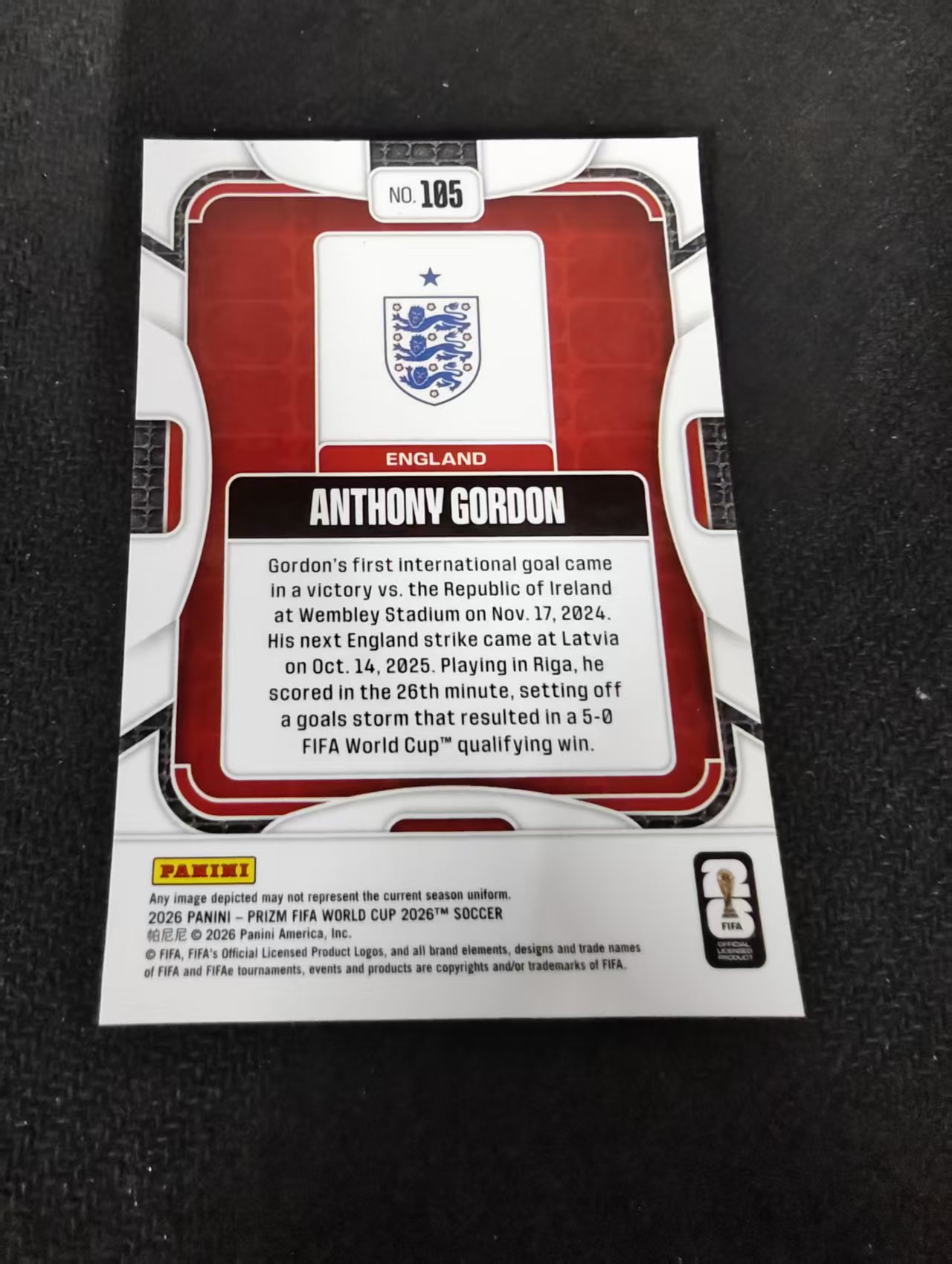 2026 Panini World Cup Prizm Anthony Gordon 世界杯PZ 英格兰 巴萨 安东尼 戈登 PZ世界杯 划痕 边角瑕疵#105