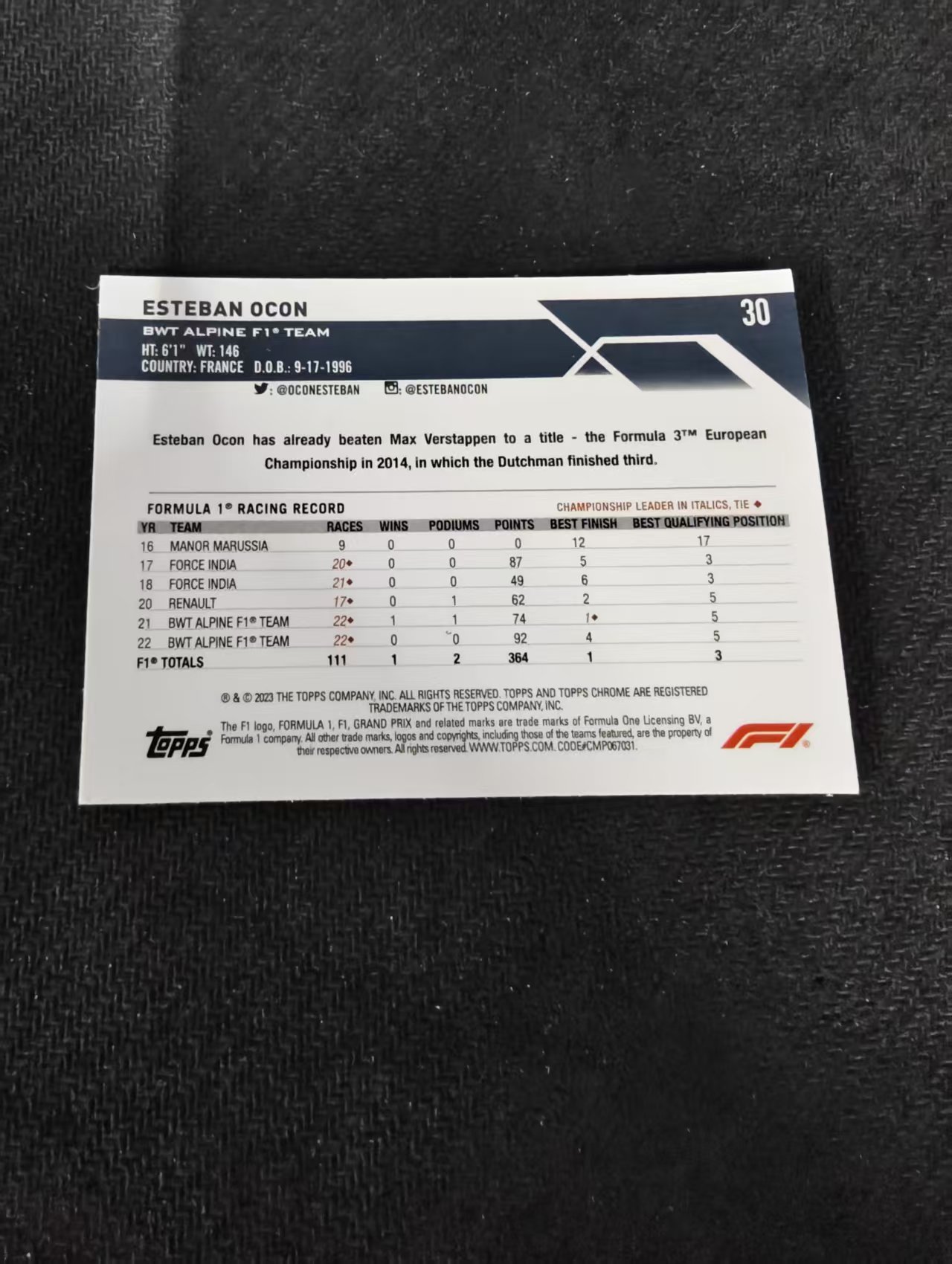 2023 Topps Chrome Esteban Ocon F1赛车 埃斯特班 雷诺车队 划痕 边角瑕疵 #30
