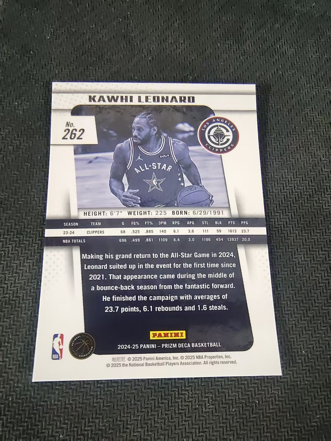 【可合并,不累计】2024-25 Panini Prizm Deca Kawhi Leonard 伦纳德 莱昂纳德 快船 PZ 复刻 划痕 边角瑕疵 #262