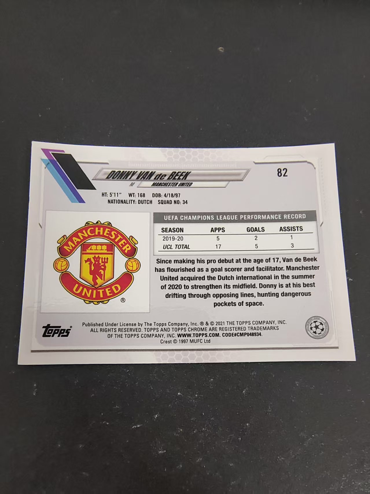 【可合并,不累计】2021 Topps Chrome Donny van de Beek 唐尼·范德贝克 曼联 欧冠 划痕 边角瑕疵 @82