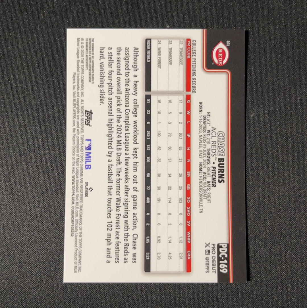 2025 Topps Pro Debut Chase Burns RC 蔡司 巴恩斯 红人 榜眼 已登陆大联盟 王牌先发投手 debut 首秀 小联盟 Chrome签字 卡签 银折 199编 【L】