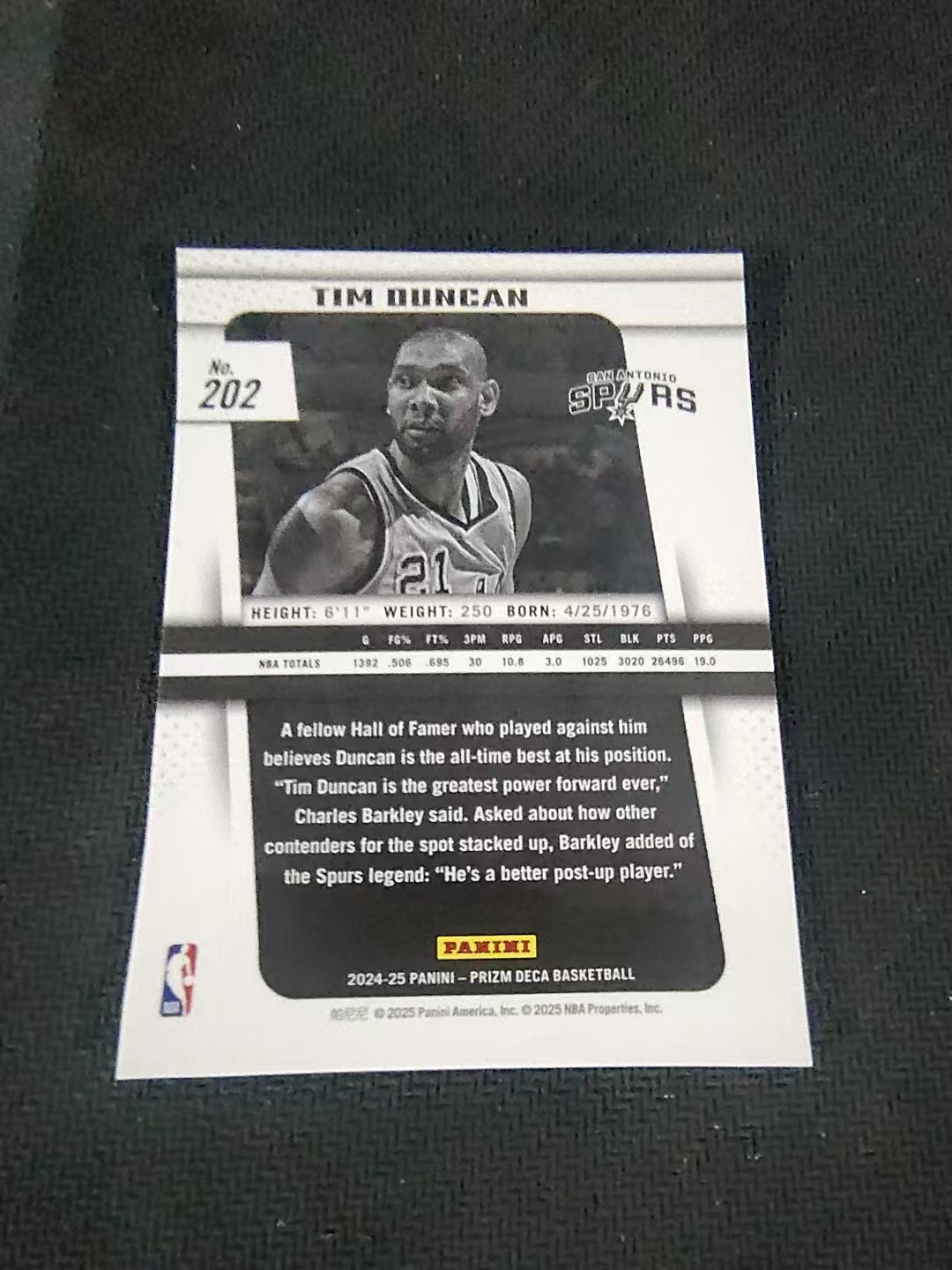 【可合并,不累计】2024-25 Panini PRIZM DECA Tim Duncan pz 复刻 邓肯 马刺 划痕 边角瑕疵 #202