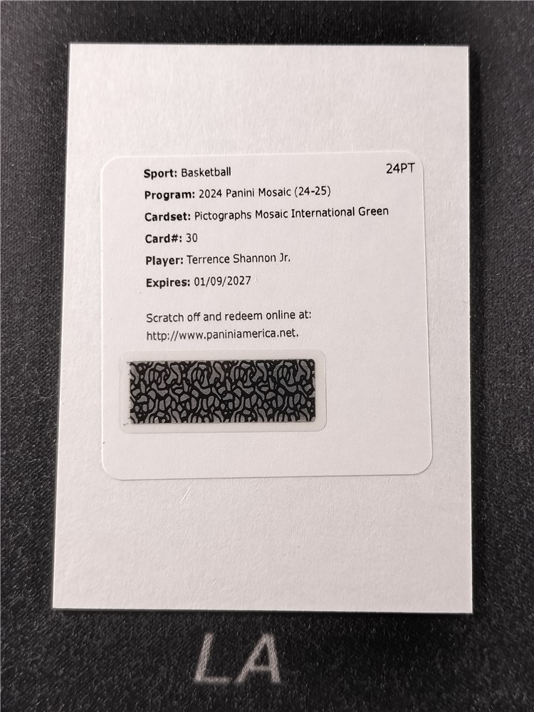 【LA拍卖】2024-25 Panini Mosaic Terrence Shannon Jr. 国际版 马赛克 新秀RC 小特伦斯 香农 森林狼 绿圈圈折 Pictographs 象形文字签 签字 /5编 交换板 超低编   小E