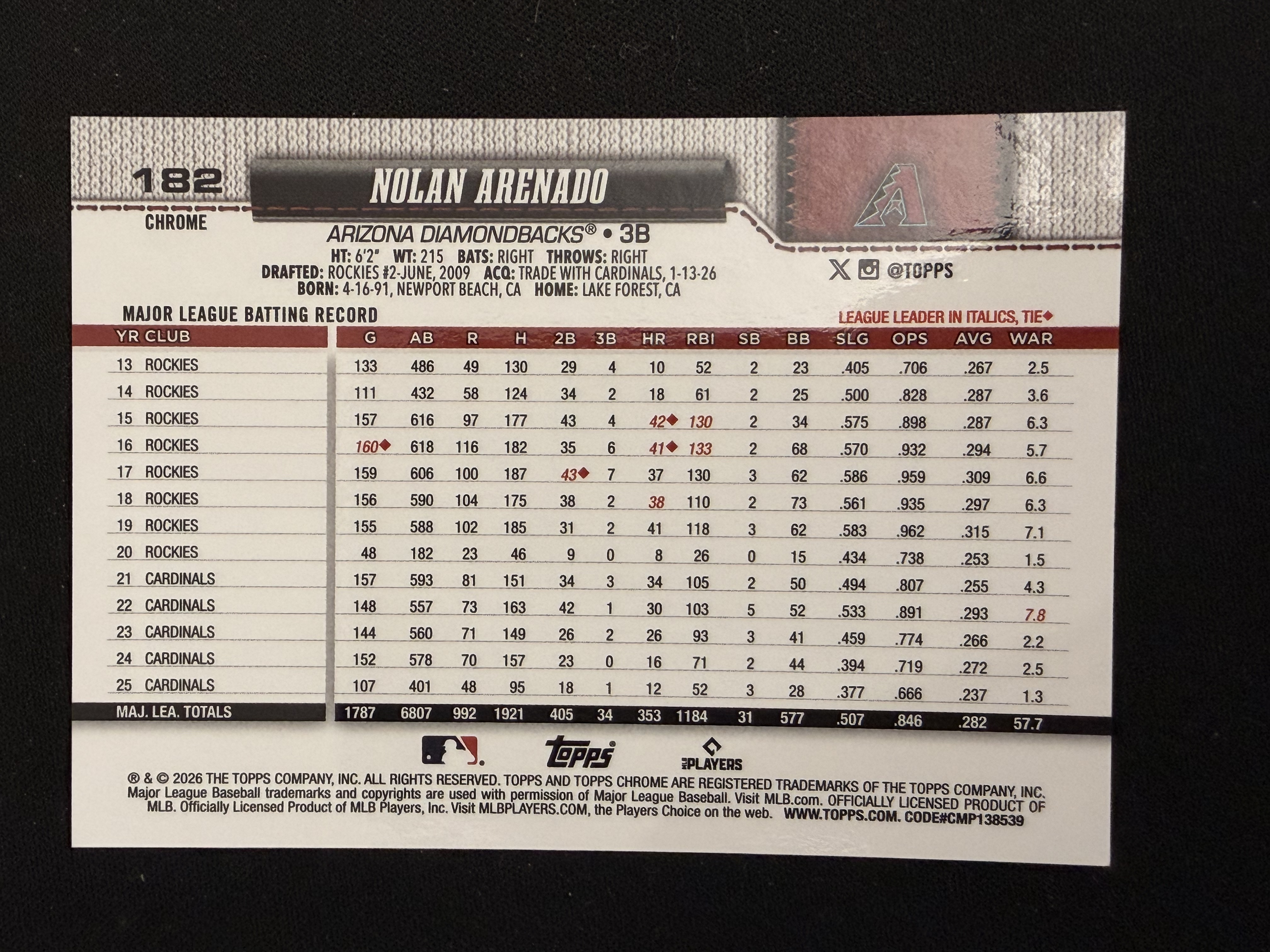 2026 Topps Chrome Nolan Arenado 棒球 MLB 亚利桑那响尾蛇 诺兰 阿雷纳多 白折 11/30编 - TJpapa