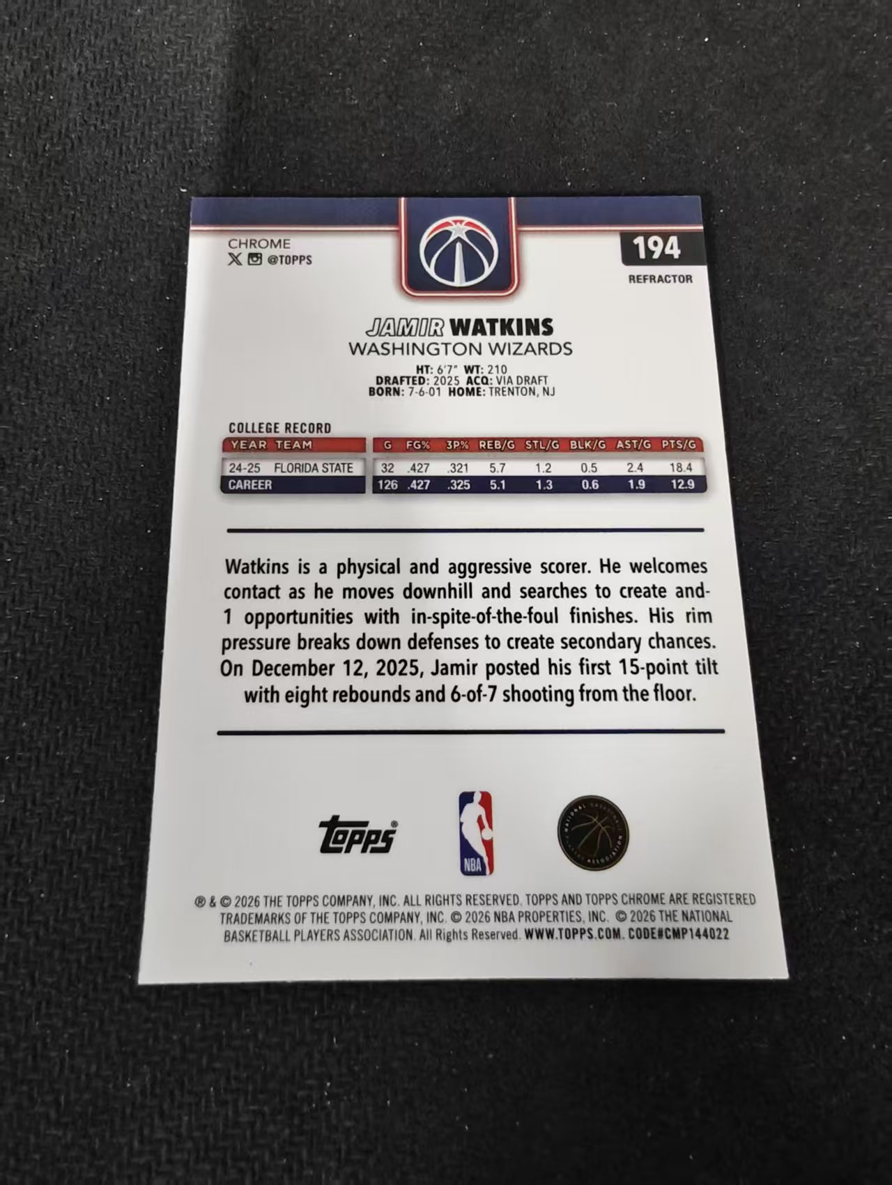 2026 Topps Chrome Update Jamir Watkins RC TCU系列 奇才 贾米尔·沃特金斯 新秀 银折 瑕疵如图