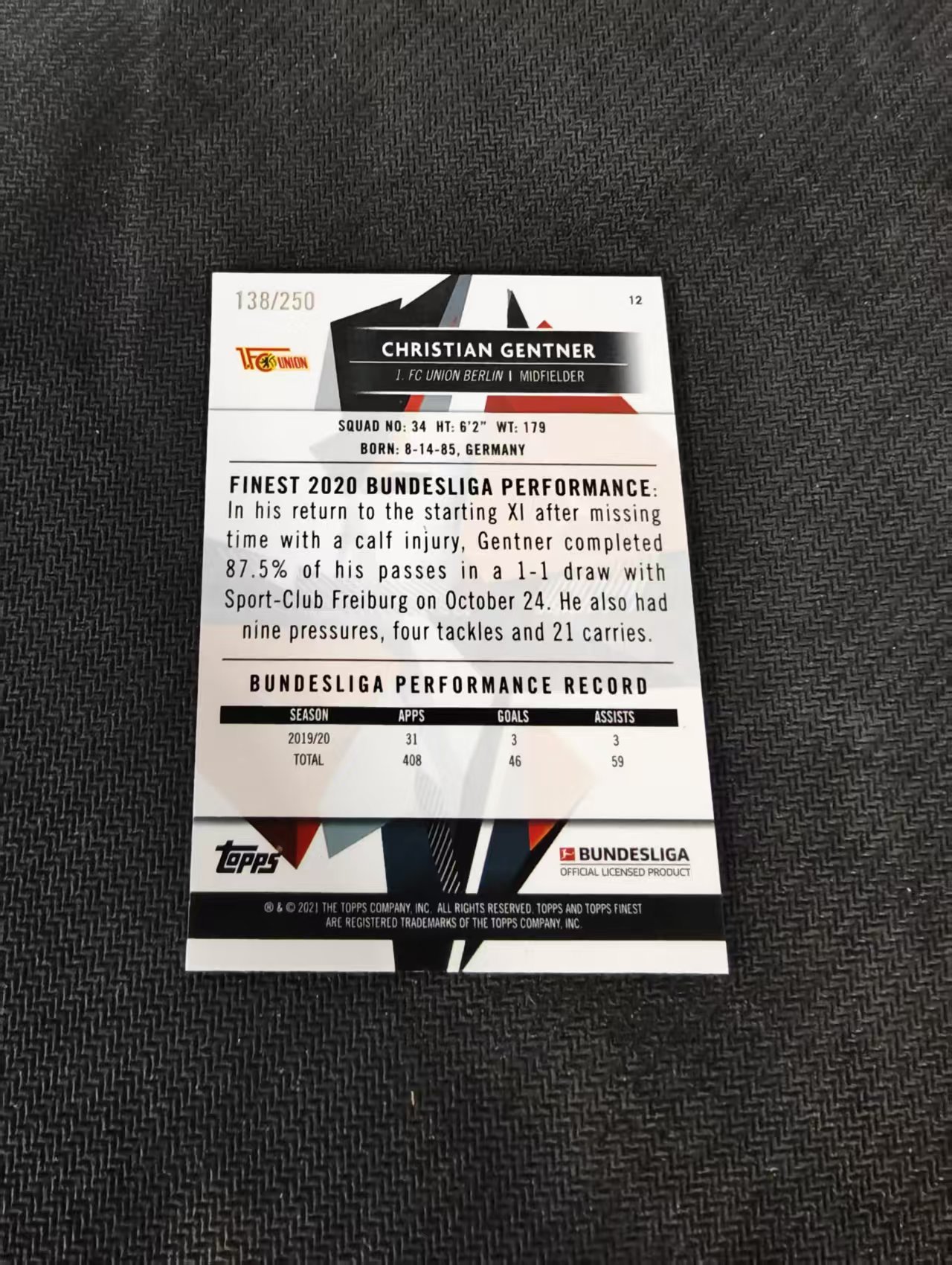 【可合并,不累计】2021 Topps Finest Christian Gentner 德甲 柏林联合 根特纳 紫波纹 250编 瑕疵如图