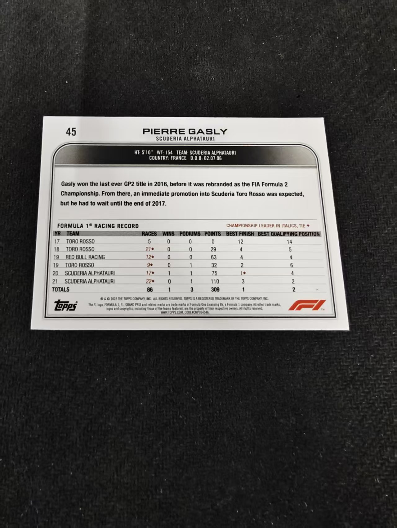 2022 Topps Chrome F1 Pierre Gasly 皮埃尔 加斯利 小红牛 划痕 边角瑕疵 @45