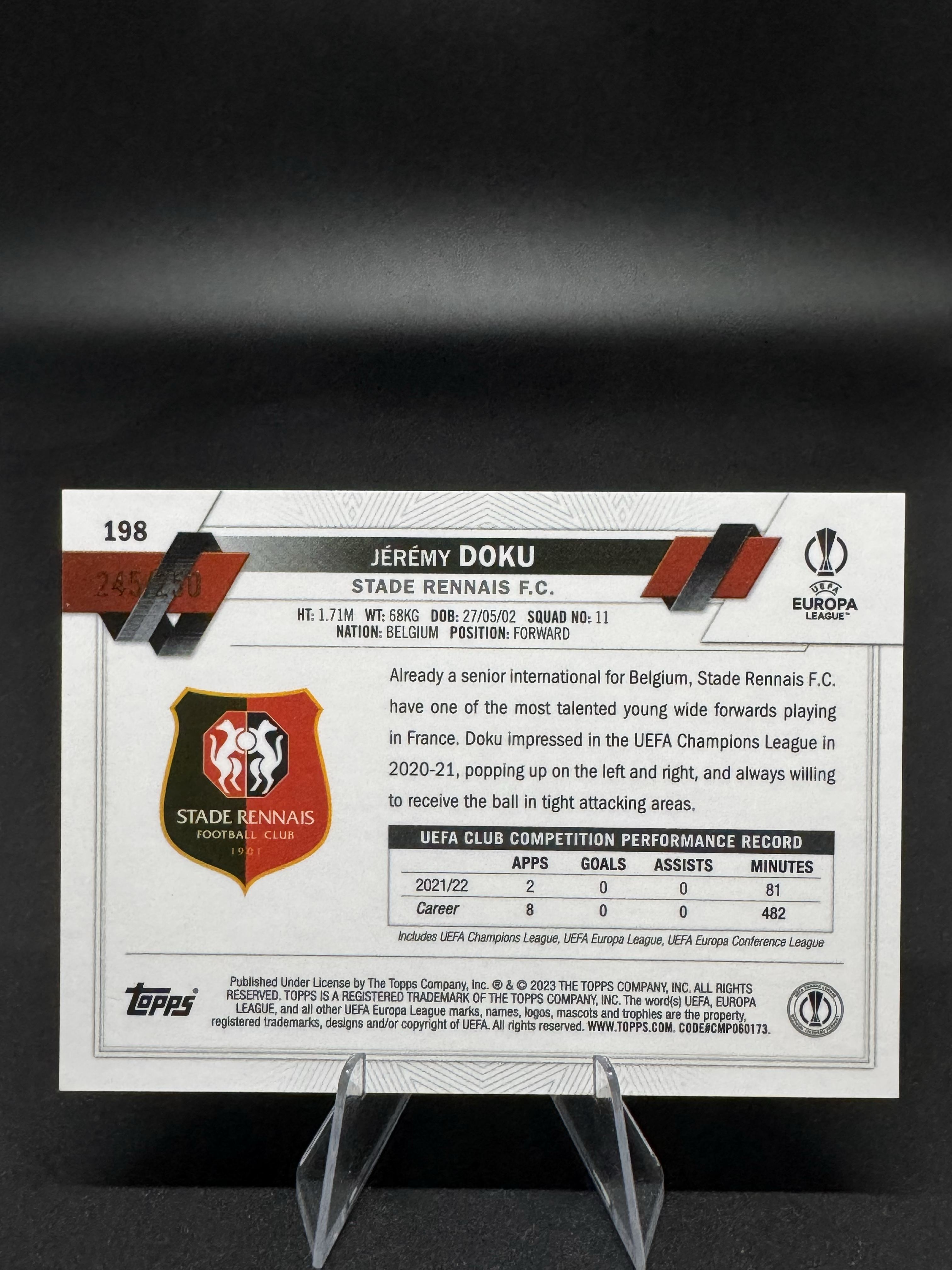 2023 Topps Chrome Jérémy Doku 【蓉城拍卖】多库 雷恩 曼城 245/250编 欧冠tc 粉shimmer折 收藏必备 赛文